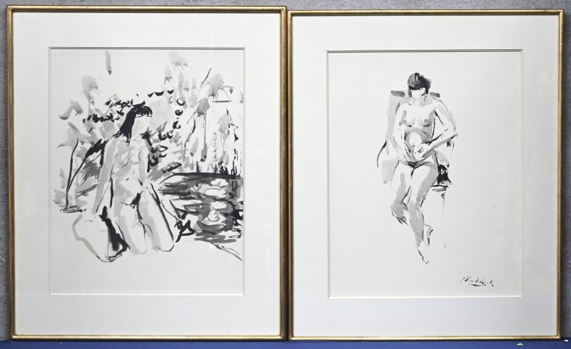 ‘Naaktstudies’, gewassen inkt op papier. Een set van twee tekeningen naar model. Getekend; C. Vanderbeek.