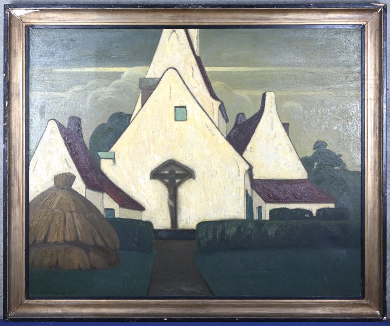 ‘Witte hoeve met kruisbeeld’, olieverf op doek. Getekend; A. P. Duerinckx. Met een beetje schade aan de verflaag.