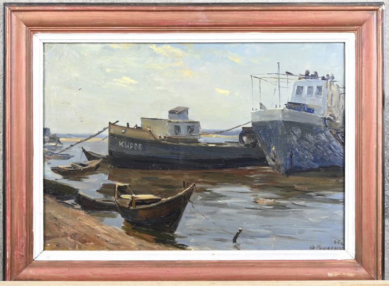 ‘D Kyrov op de Volga’, olieverf op paneel. Onleesbaar getekend.