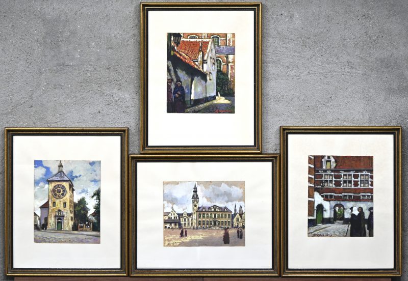 “Vier diverse straatzichten”, gouache op papier, 3 x gesigneerd Bruynseels.