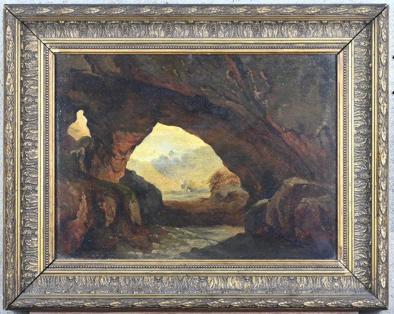 ‘Landschap met rotspartij’, olieverf op paneel. Een 19e eeuw werkje, getekend; Verlat.