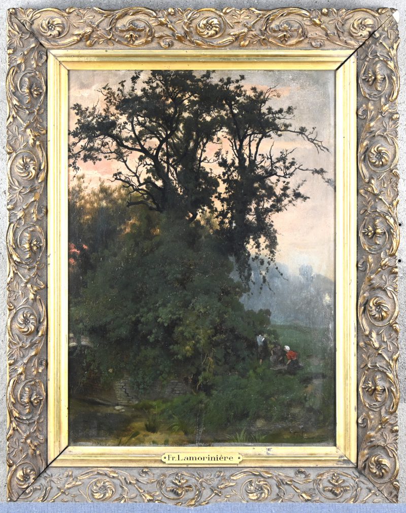 ‘Landschap met personages’, olieverf op paneel. Getekend; F. Lamorinière. Met verschillende herstellingen aan het paneel.