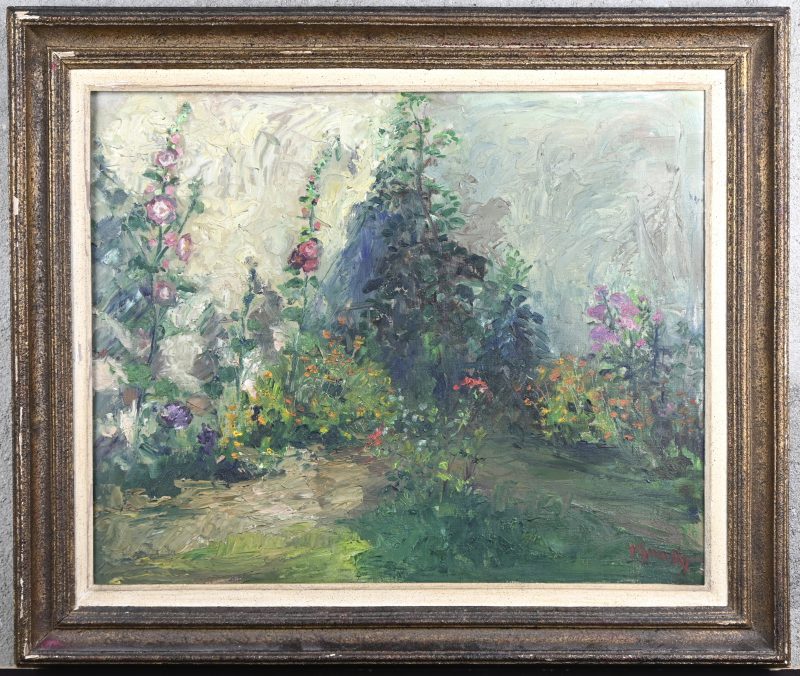 ‘Bloementuin met stokrozen’, olieverf op doek. Getekend; Y. Guns.