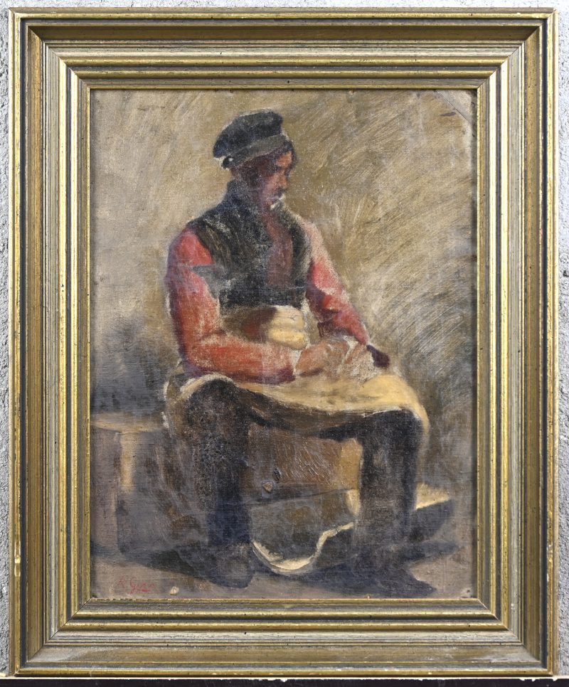 ‘Werkman met pet’, studie in olieverf op gemaroufleerd doek. Getekend; N. Gysis. Toegeschreven aan Nikolaus Gysis.