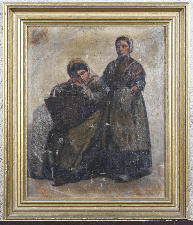 ‘Bedelende vrouwen’, studie in olieverf op gemaroufleerd doek. Getekend; N. Gysis. Toegeschreven aan Nikolaus Gysis.