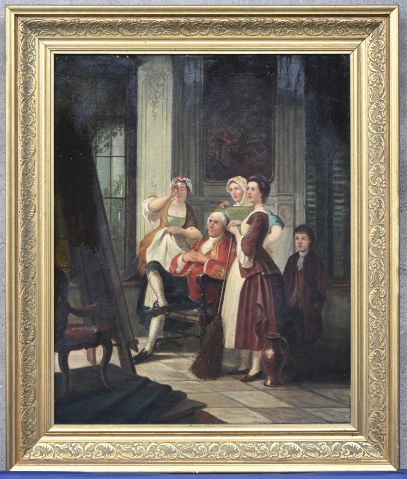 ‘Les amateurs de peinture’, olieverf op doek. 19e eeuw, niet getekend. Het werk is herdoekt en vertoont enkele deukjes.