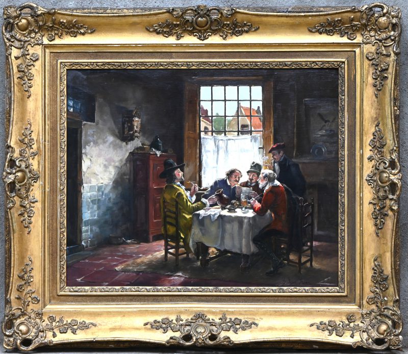 ‘De brief’, olieverf op doek. Naar de 19e eeuw. Getekend; P. Van Moer.
