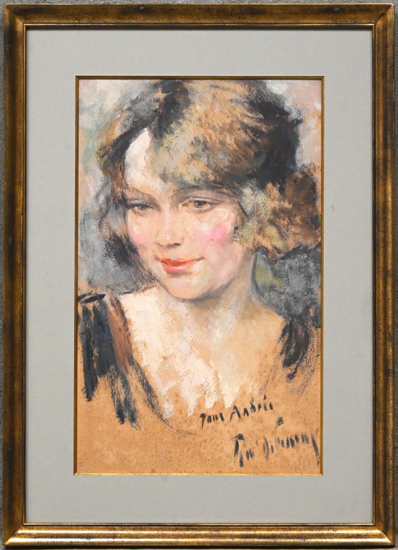 ‘Portret van een jonge vrouw’, olieverf op papier. Getekend, ‘pour Andrée’.