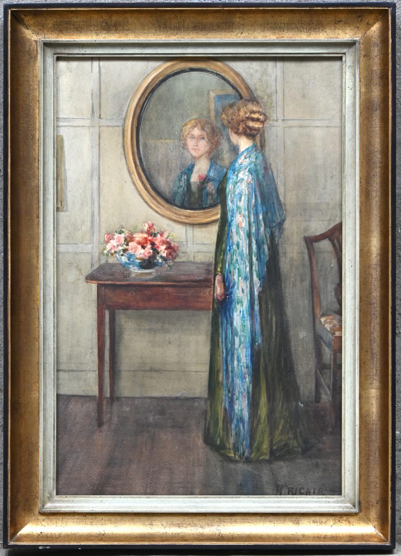 ‘Jonge vrouw naast de spiegel’, een aquarel. Getekend; H. Richir.