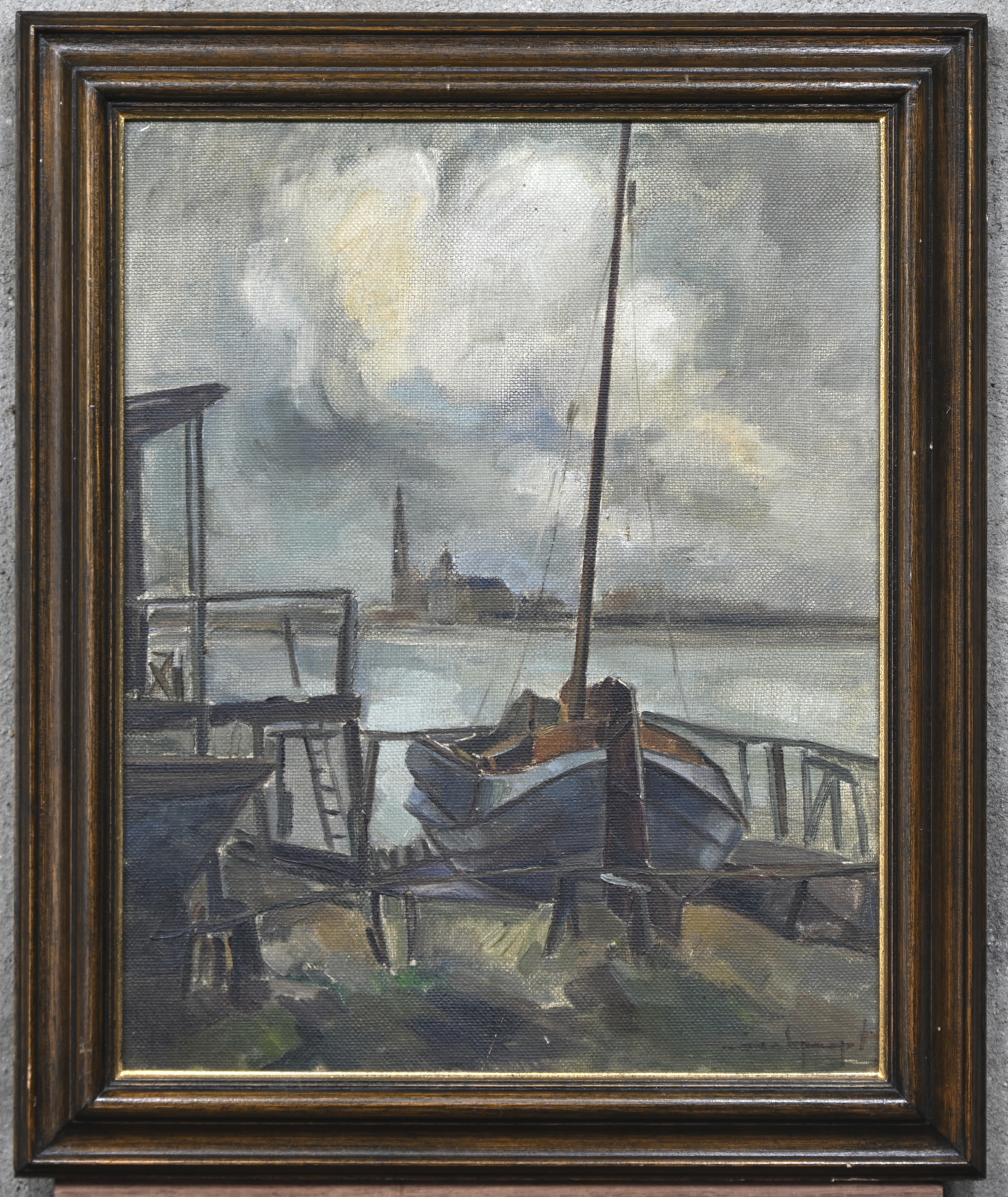 “Scheepswerf”, een schilderij, olieverf op doek, gesigneerd “Scheepswerf”, een schilderij, olieverf op doek, gesigneerd.