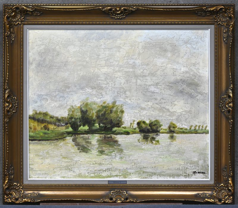 ‘Weids landschap’, olieverf op doek. Getekend; Rossau.