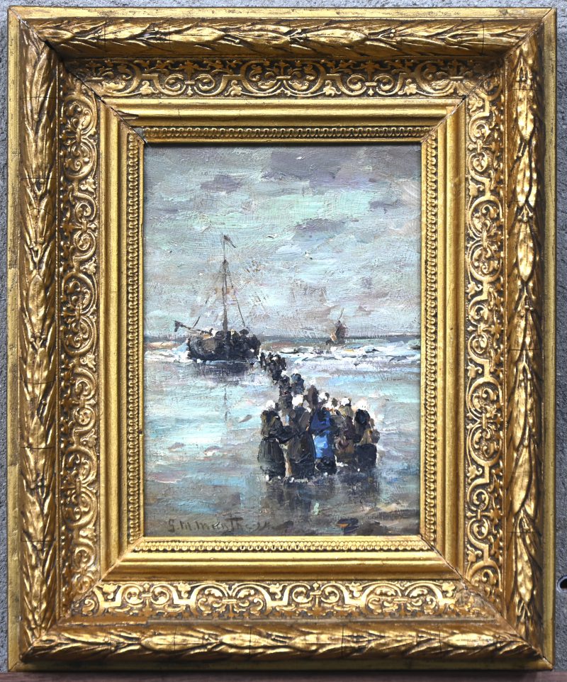 ‘Bomschuit aan het strand’, olieverf op paneel. Getekend; G. M. Munthe.