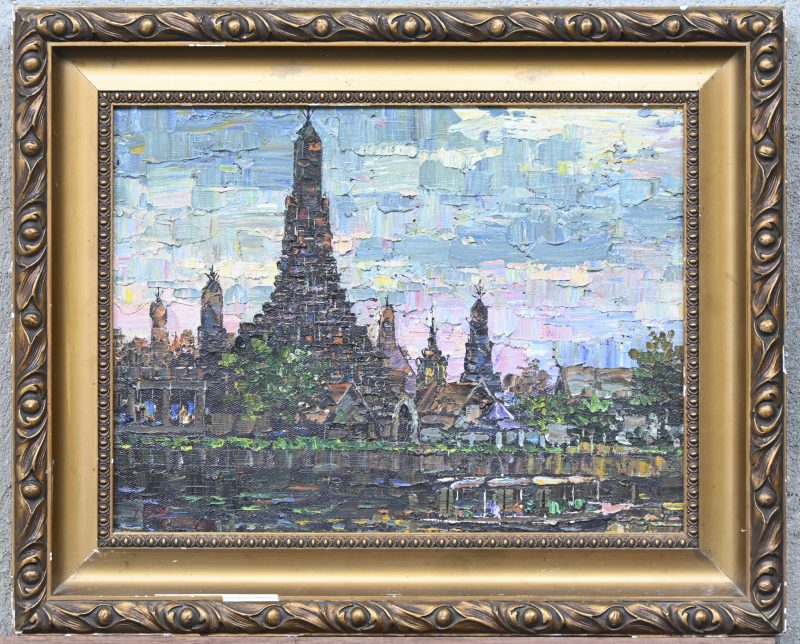 ‘Balinese tempel’, olieverf op gemaroufleerd doek. Een impasto schilderij, getekend; J. Le Mayeur.