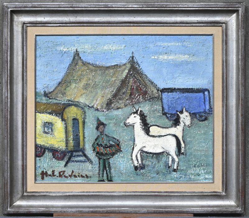 “Kermispaarden”, een schilderij, olieverf op doek, gesigneerd.