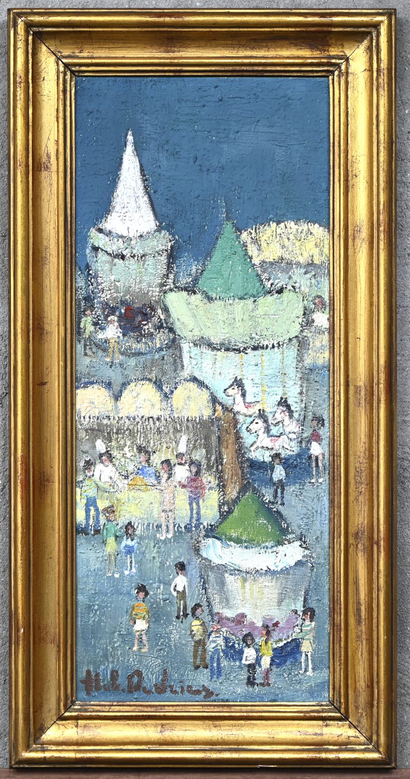 “Op de kermis”, een schilderij, olieverf op doek, gesigneerd.