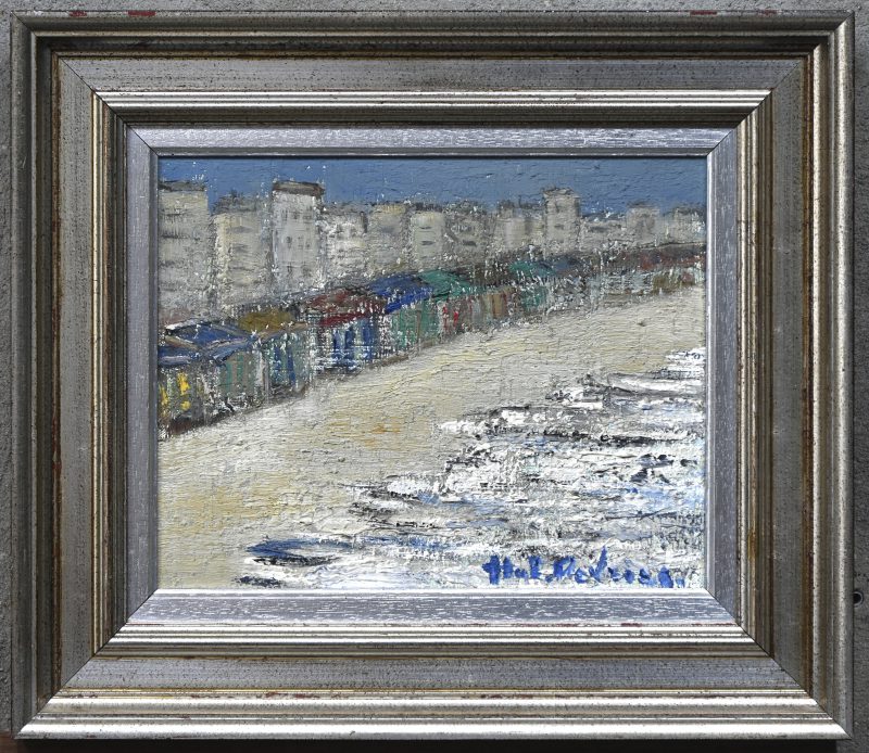 “Strandzicht”, een schilderij, olieverf op doek, gesigneerd.