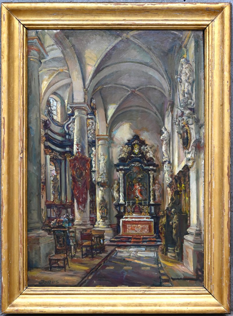 ‘Het interieur van de St. Gummaruskerk, Lier’, olieverf op paneel. Getekend.