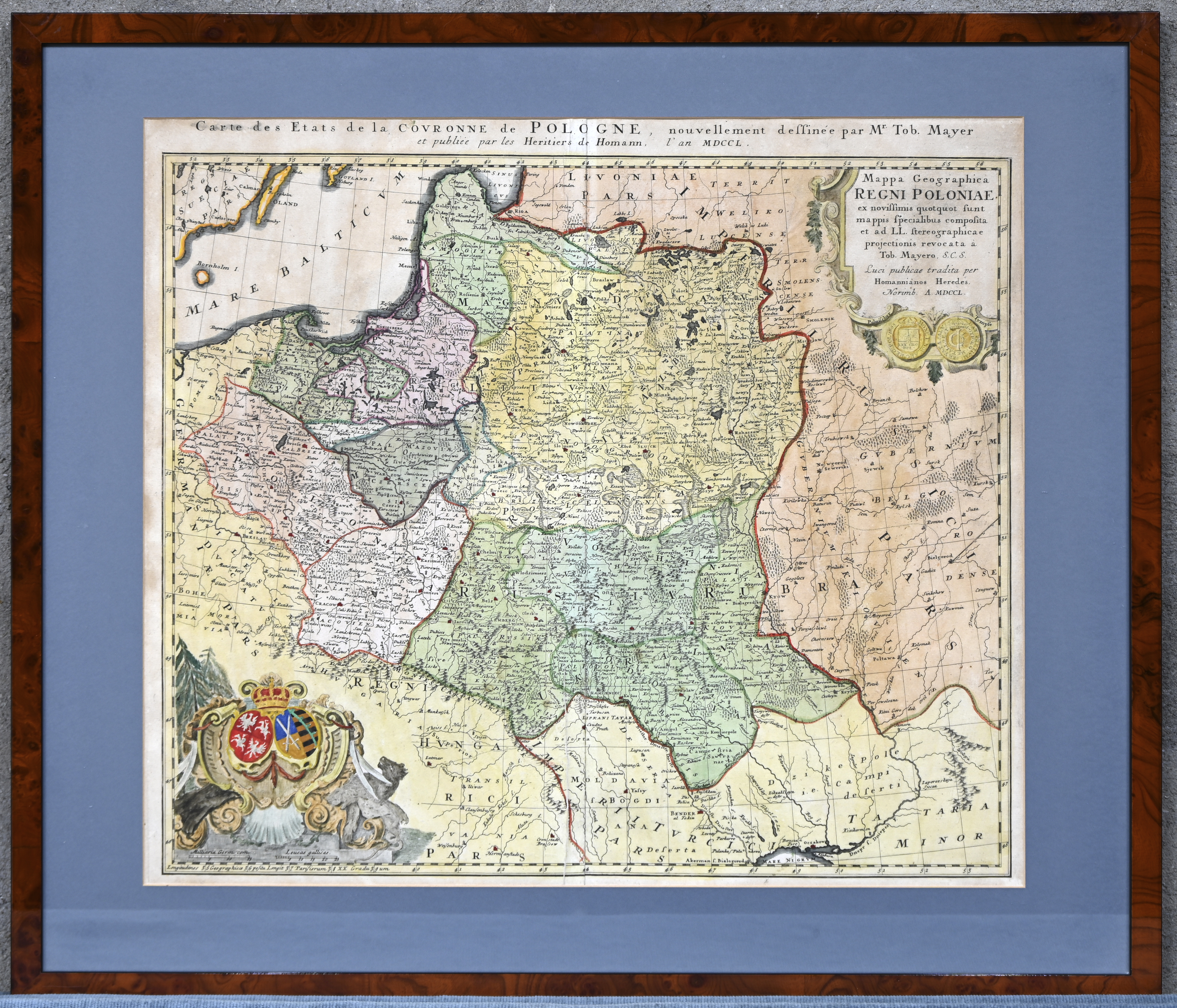 Een 19e eeuwse lithografische reproductie in kleur van een landkaart uit 1750, Pologne Een 19e eeuwse lithografische reproductie in kleur van een landkaart uit 1750, Pologne.