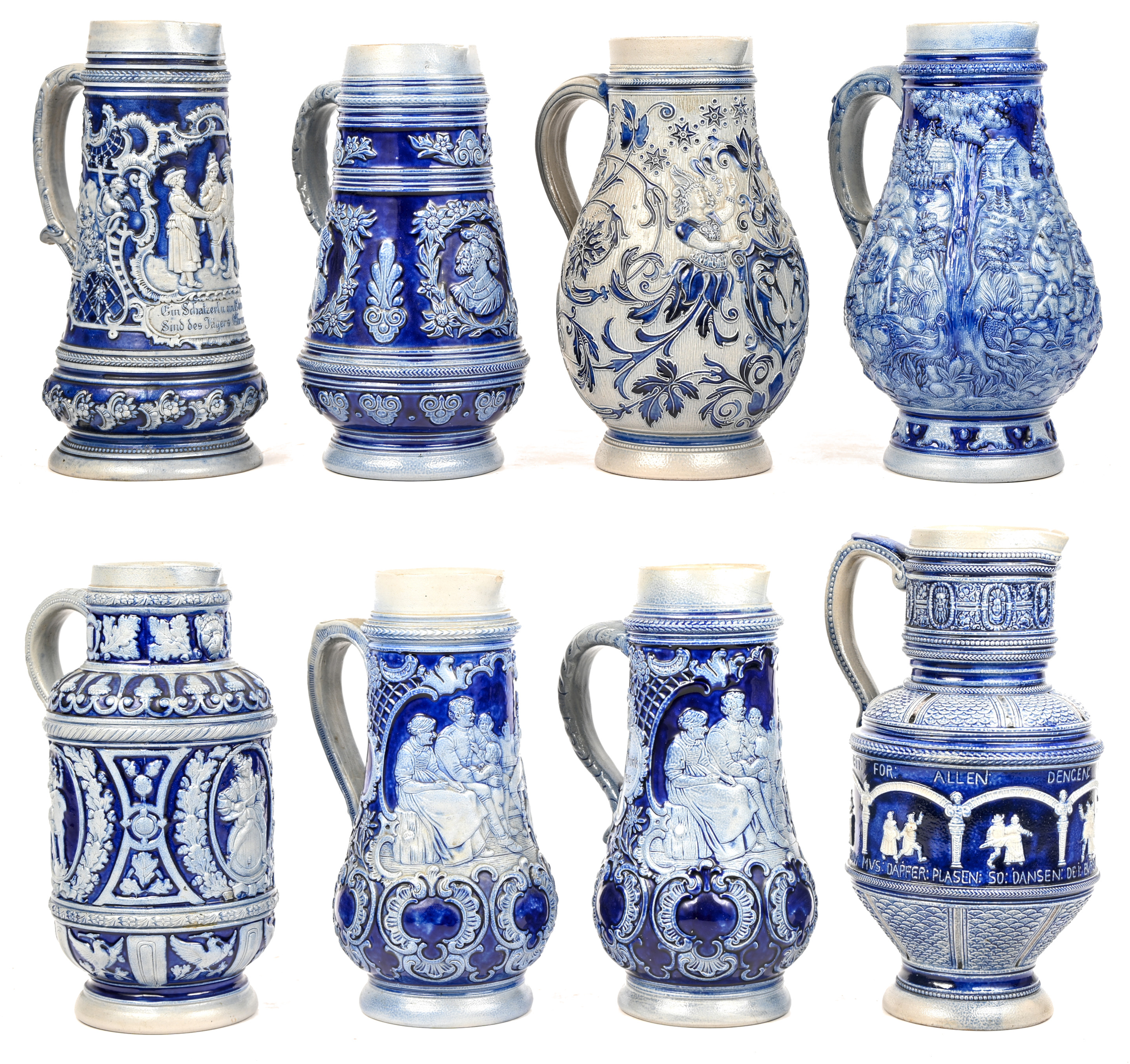 Acht schenkkannen van Westerwald aardewerk Acht schenkkannen van Westerwald aardewerk.