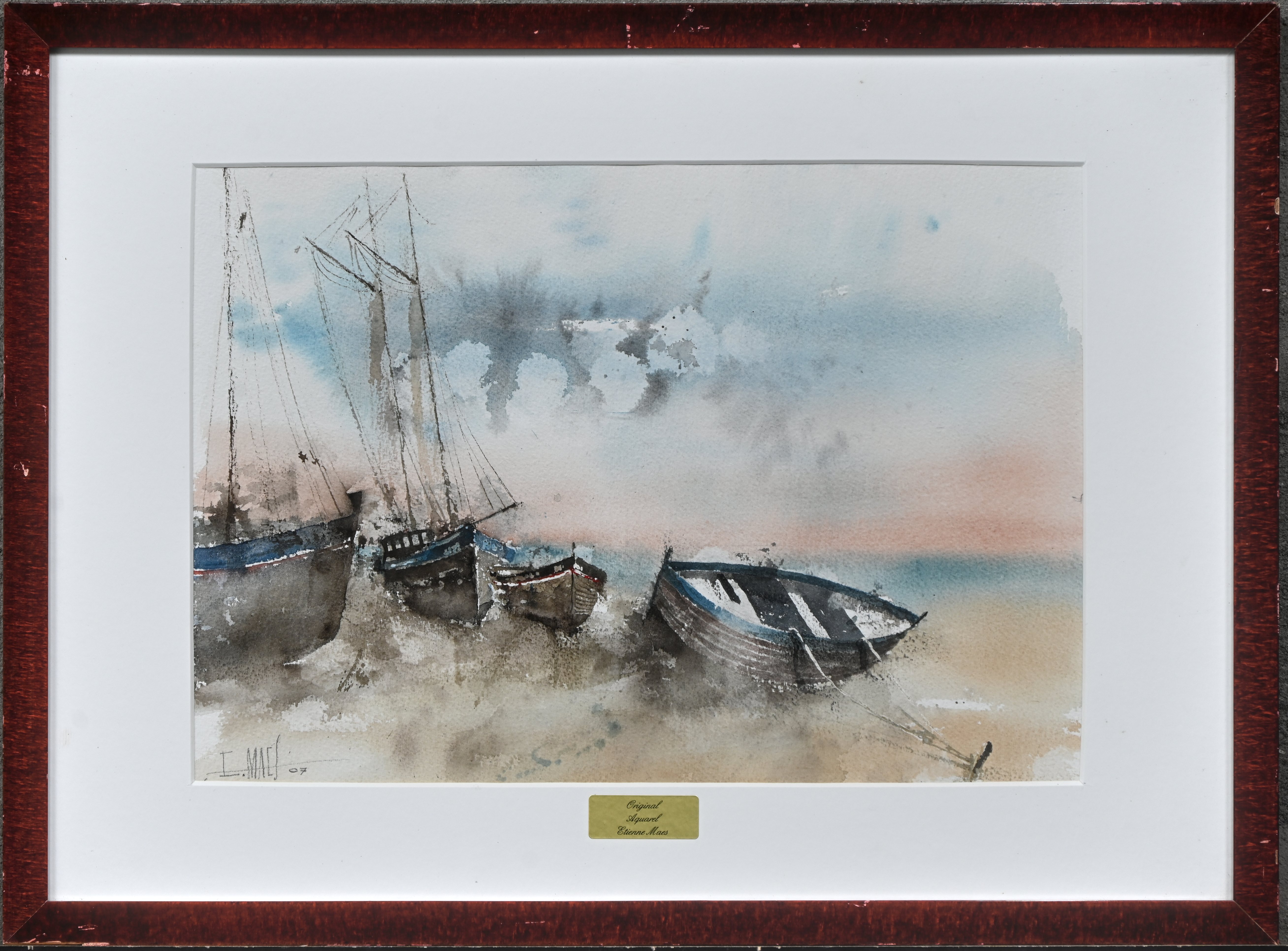 ‘Vissersloepen op het strand’, een impressionistisch aquarel. Getekend; E. Maes, ‘07 ‘Vissersloepen op het strand’, een impressionistisch aquarel. Getekend; E. Maes, ‘07.