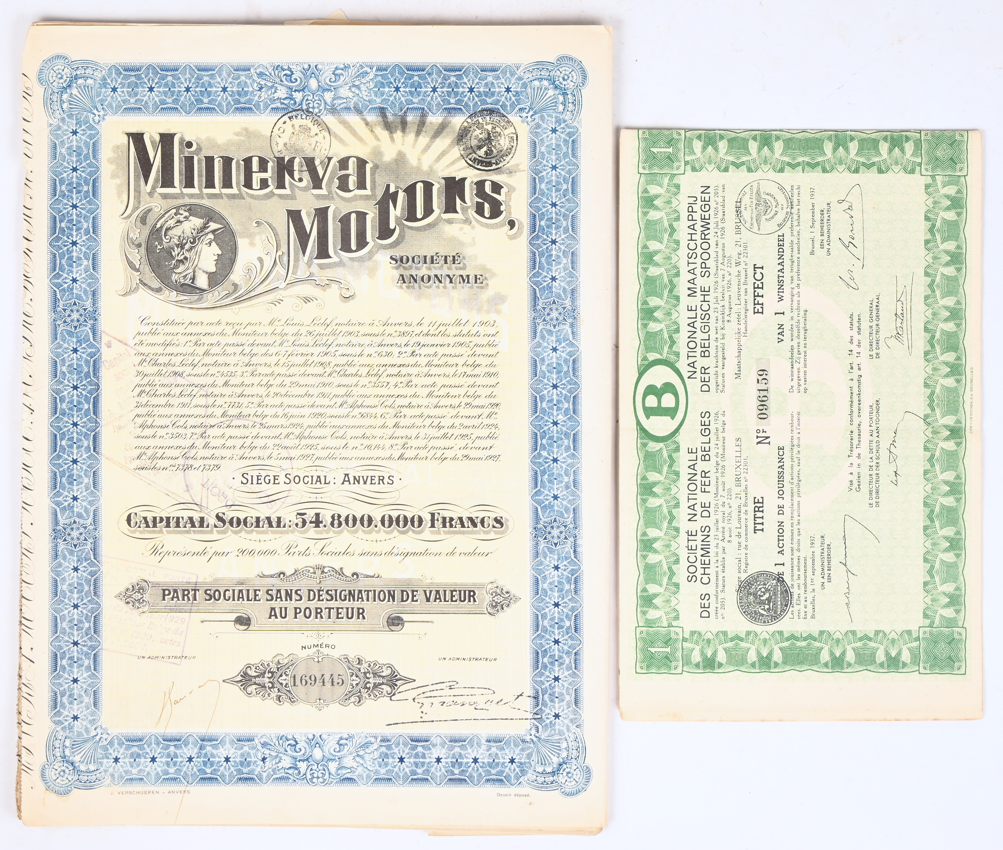 Een lotje oude aandelen van Minerva Motors en de N.M.B.S Een lotje oude aandelen van Minerva Motors en de N.M.B.S.