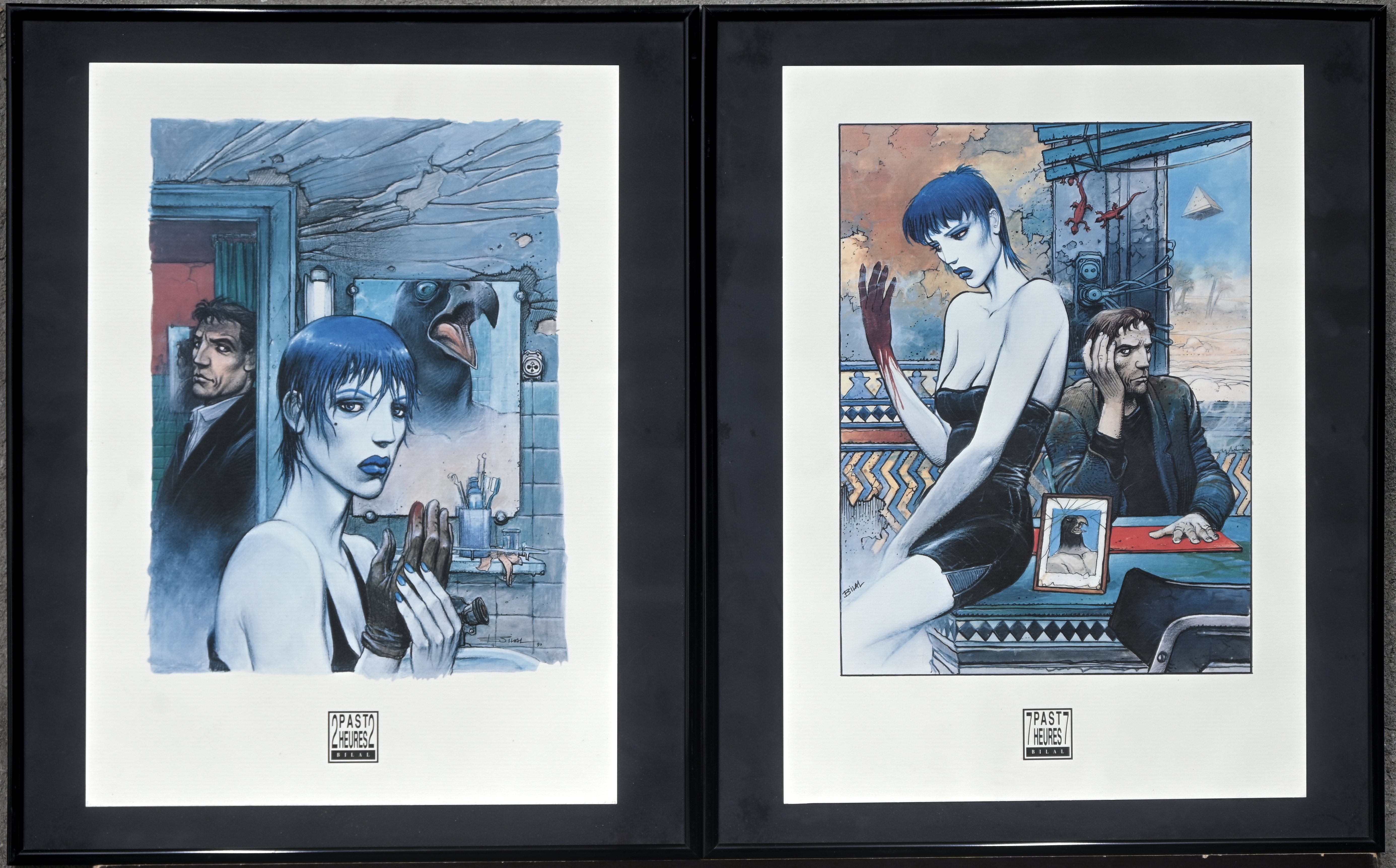 Twee posters: 2 past 2 heures en 7 past 7 heures door Enki Bilal Twee posters: 2 past 2 heures en 7 past 7 heures door Enki Bilal.