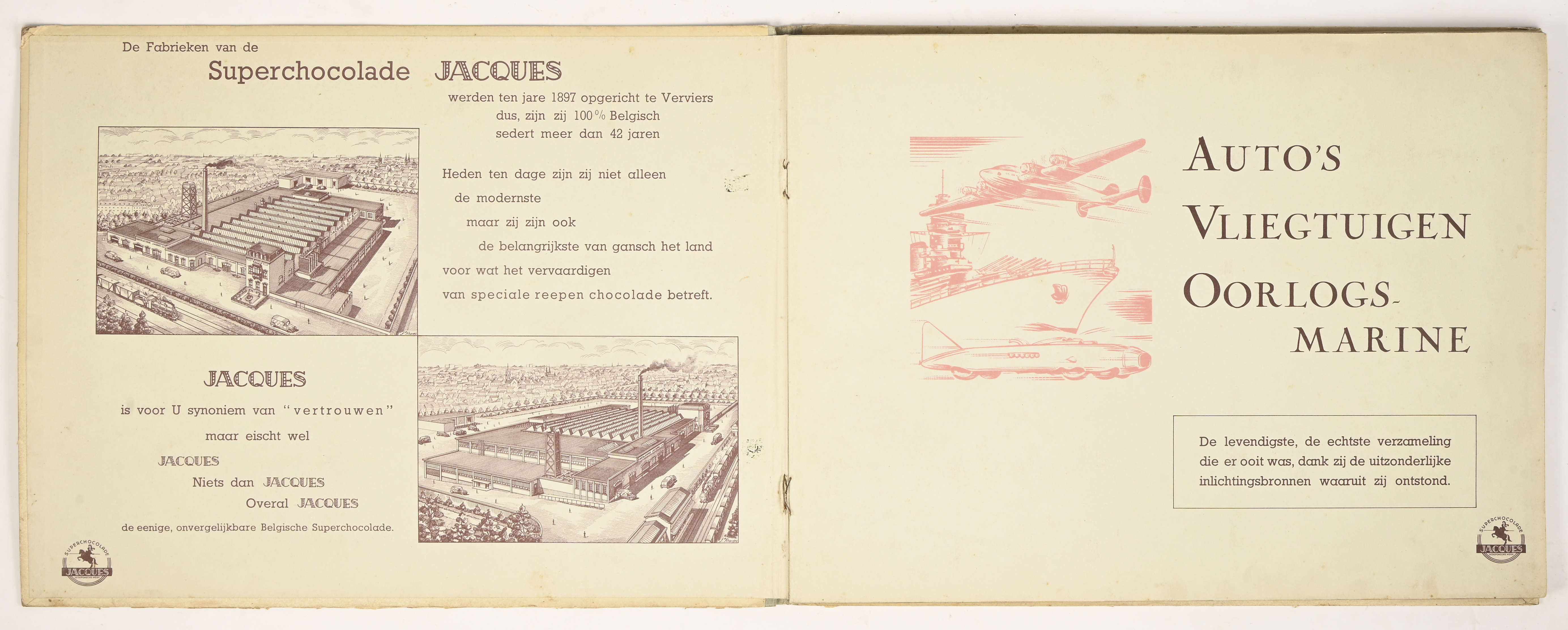 “Auto’s, Vliegtuigen, Oorlogsmarine (1939)”, een vintage boek van Chocolade Jacques. Alle chromo’s aanwezig “Auto’s, Vliegtuigen, Oorlogsmarine (1939)”, een vintage boek van Chocolade Jacques. Alle chromo’s aanwezig.