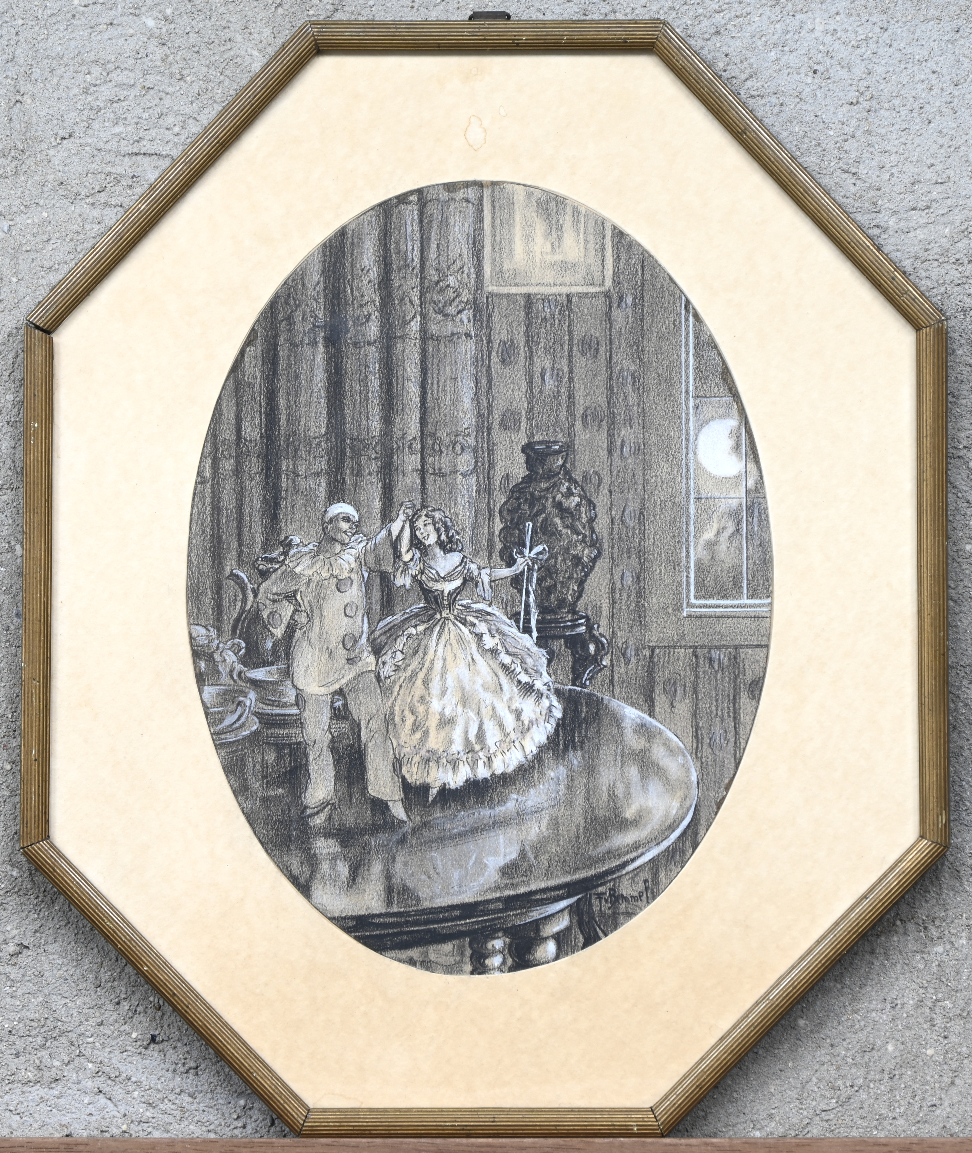 ‘Pierrot en herderin’, krijttekening. Getekend; Vr. Bemmel ‘Pierrot en herderin’, krijttekening. Getekend; Vr. Bemmel.