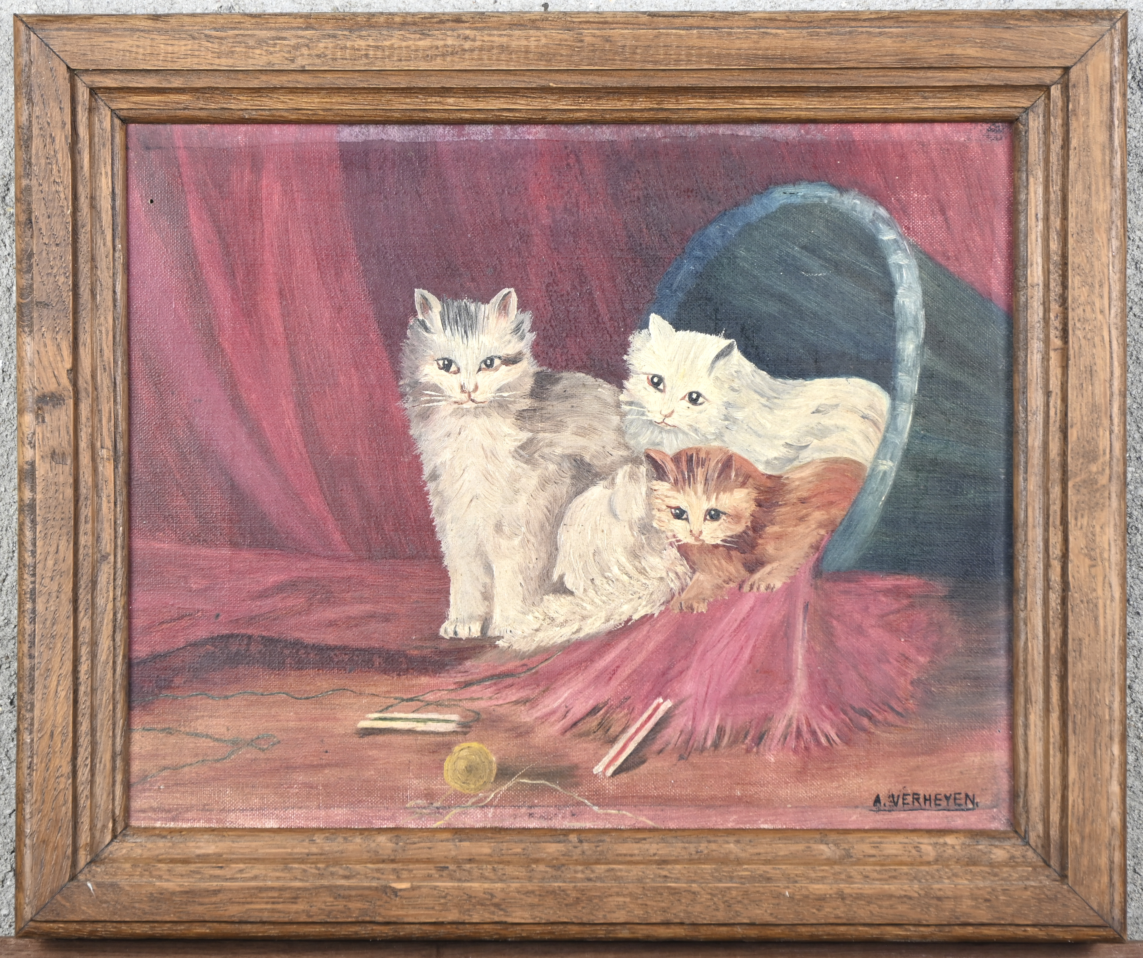 “Drie poesjes”, een schilderij, olieverf op doek, gesigneerd A. Verheyen “Drie poesjes”, een schilderij, olieverf op doek, gesigneerd A. Verheyen.