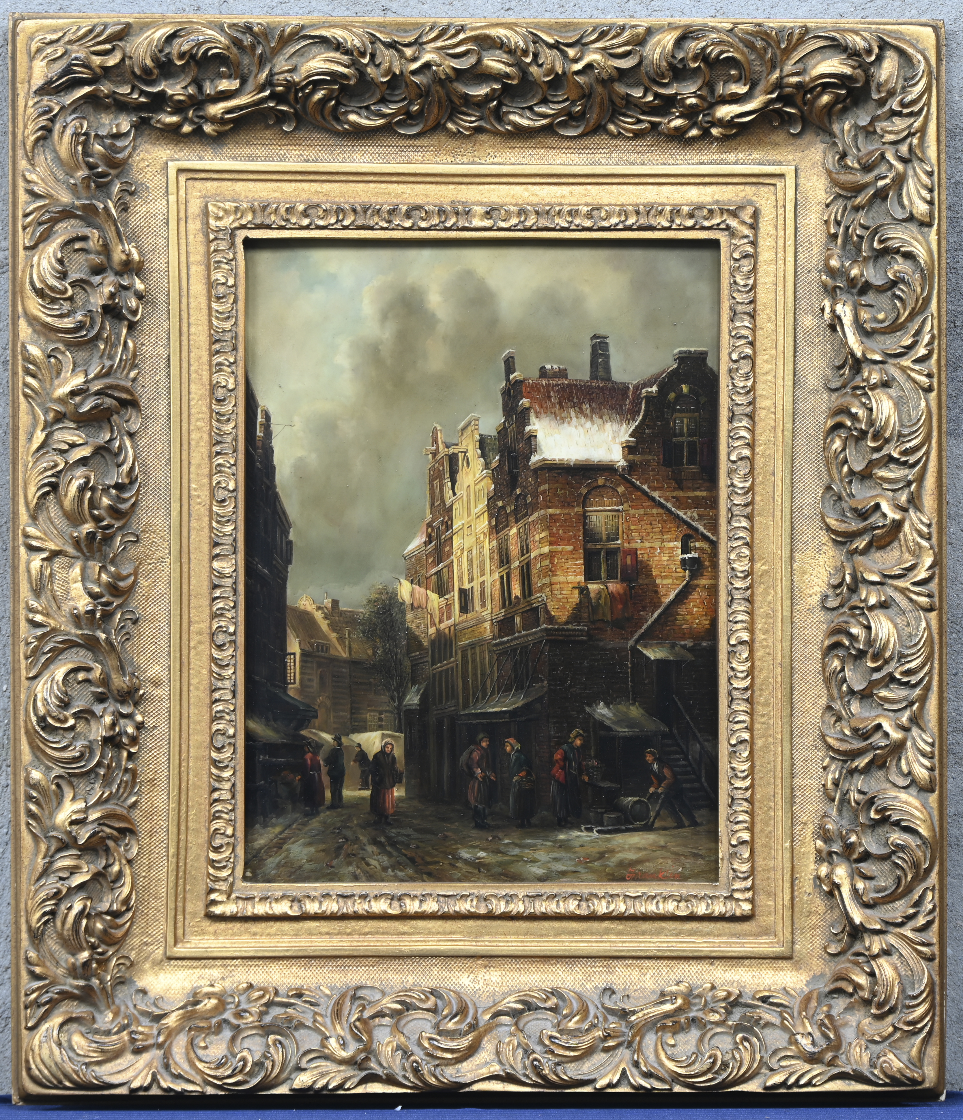 ‘Winters straatbeeld’, olieverf op paneel. Naar de 19e eeuw. Getekend ‘Winters straatbeeld’, olieverf op paneel. Naar de 19e eeuw. Getekend.