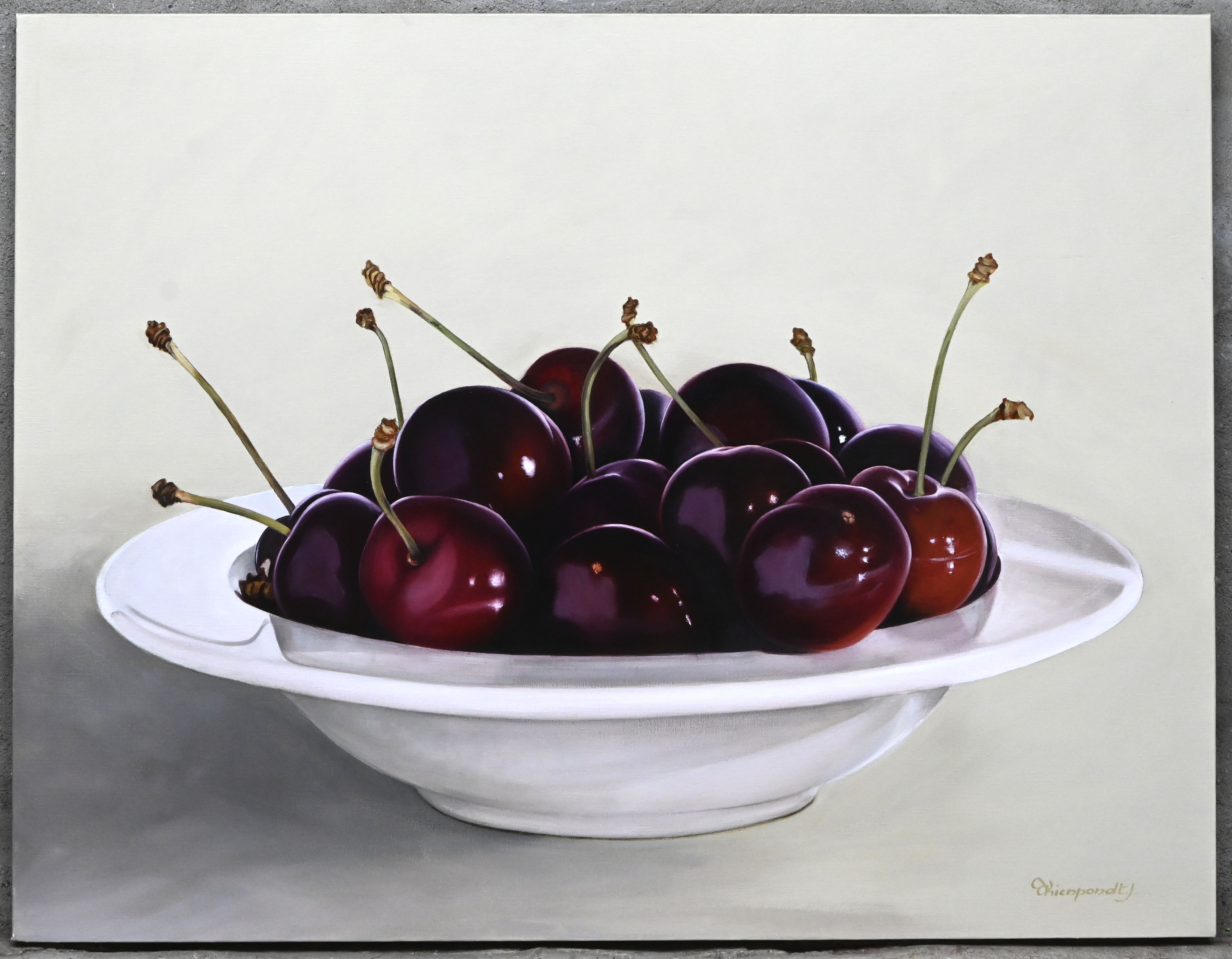 “Stilleven met kersen”, een schilderij, olieverf op doek, gesigneerd “Stilleven met kersen”, een schilderij, olieverf op doek, gesigneerd.