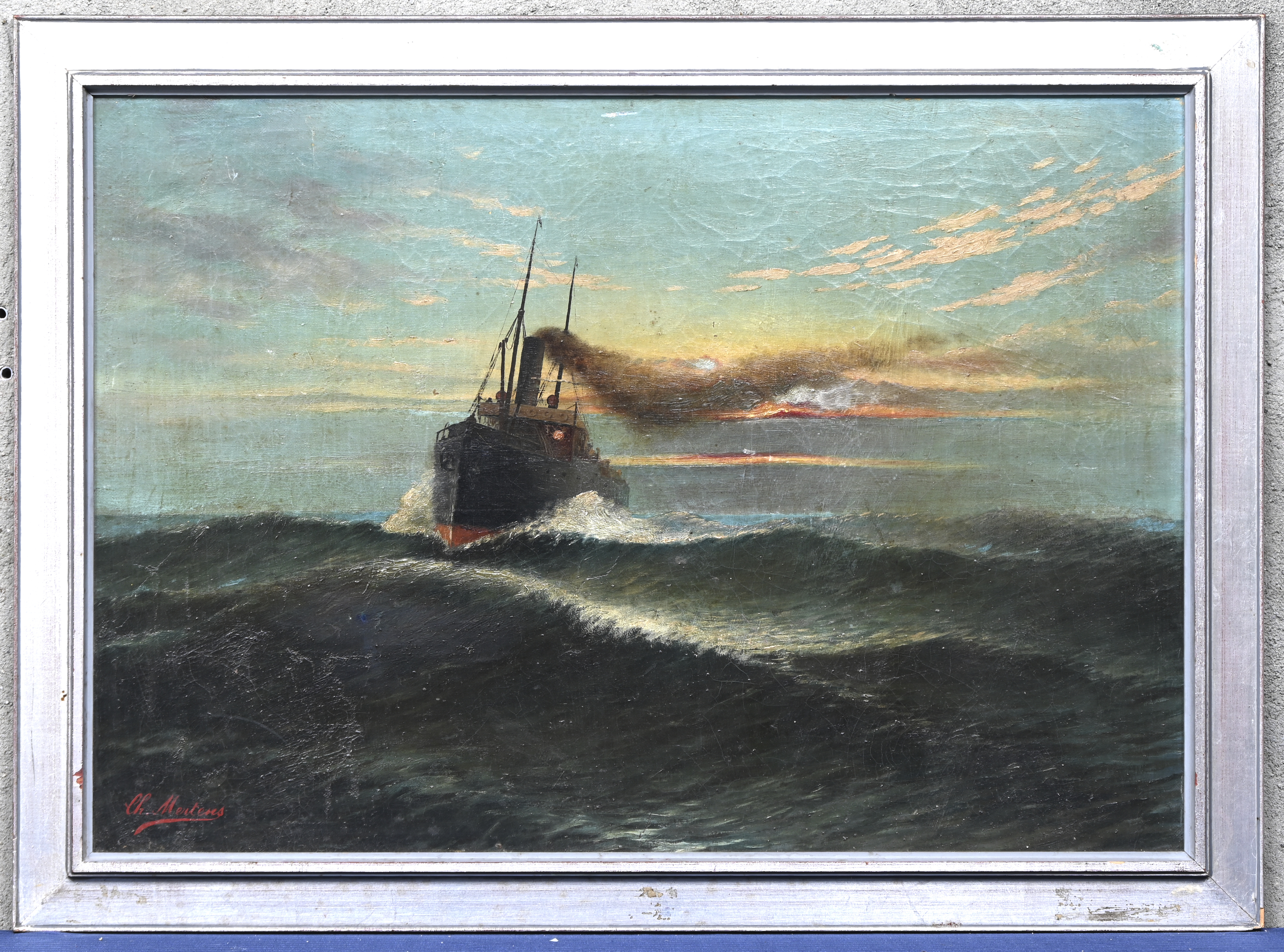 ‘Stoomschip’, olieverf op gemaroufleerd doek. Getekend ‘Stoomschip’, olieverf op gemaroufleerd doek. Getekend.