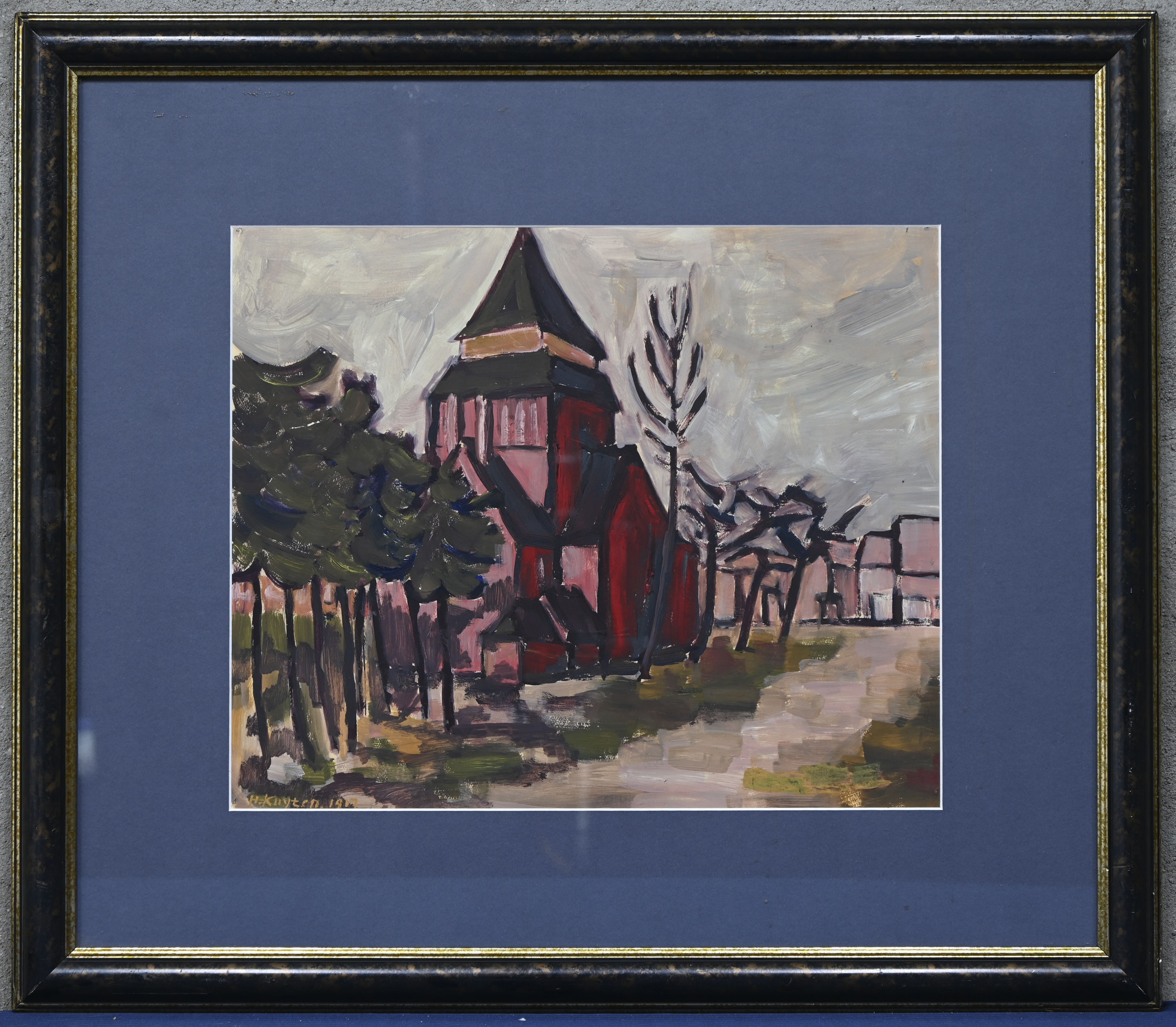 ‘Landschap met kerk’, een studie in olieverf op papier. Getekend H. Kuyten ‘Landschap met kerk’, een studie in olieverf op papier. Getekend H. Kuyten.