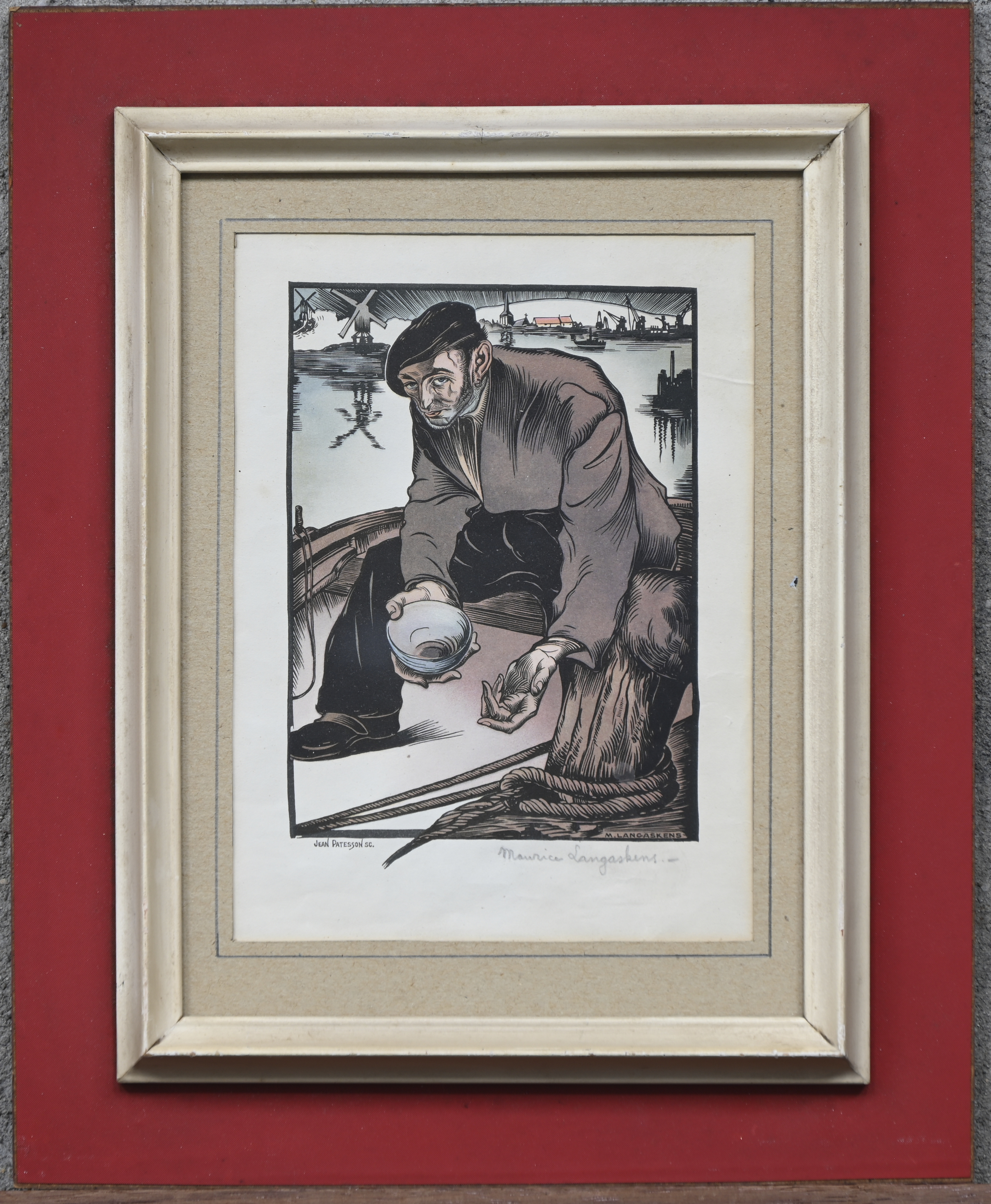 ‘Bedelende dokwerker’, een houtsnede in kleuren. Getekend binnen en buiten de plaat ‘Bedelende dokwerker’, een houtsnede in kleuren. Getekend binnen en buiten de plaat.