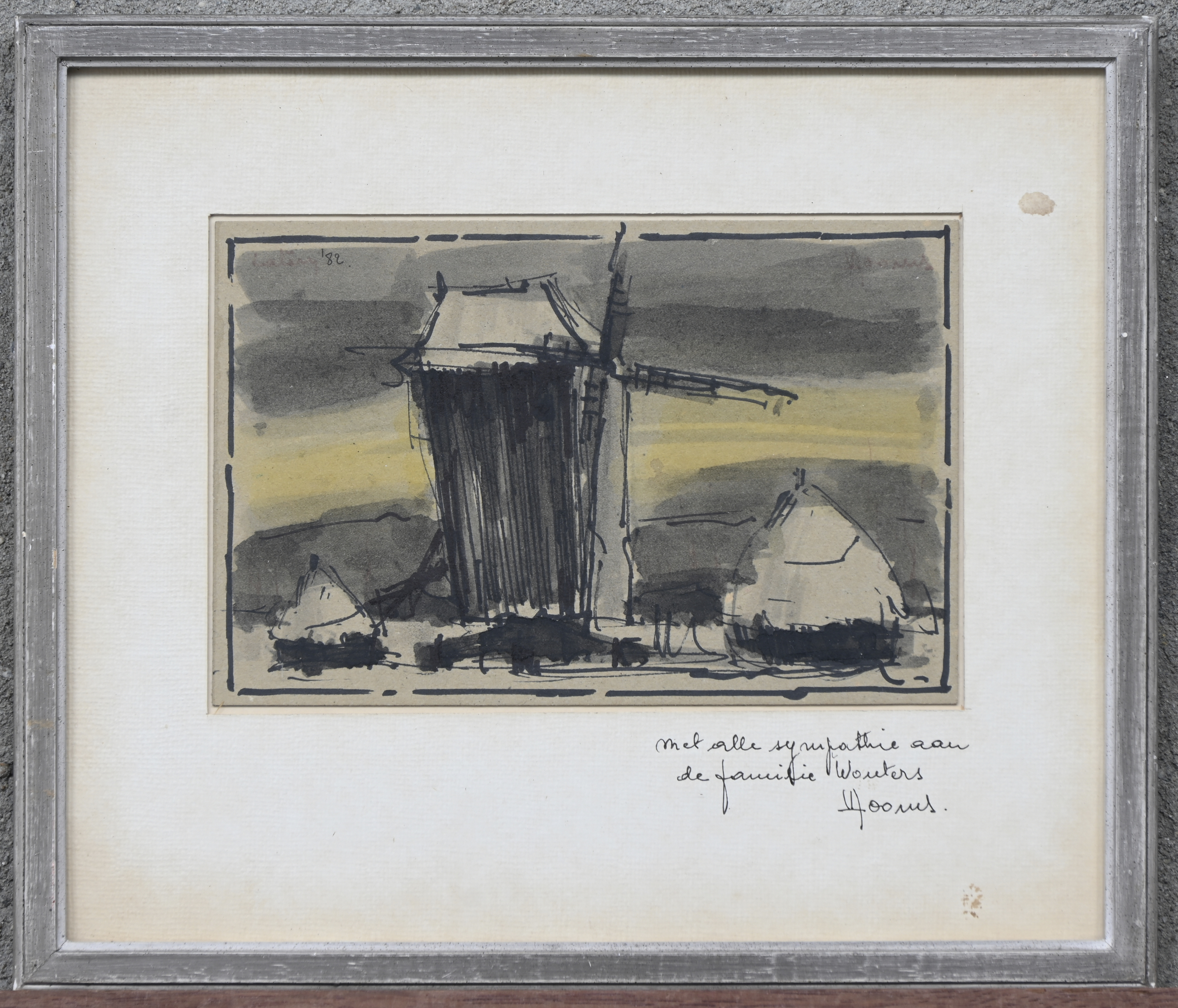 ‘Landschap met windmolen en hooimijten’, gemengde techniek op papier. Getekend; V. Dooms. Met een opdracht aan de familie Wouters ‘Landschap met windmolen en hooimijten’, gemengde techniek op papier. Getekend; V. Dooms. Met een opdracht aan de familie Wouters.