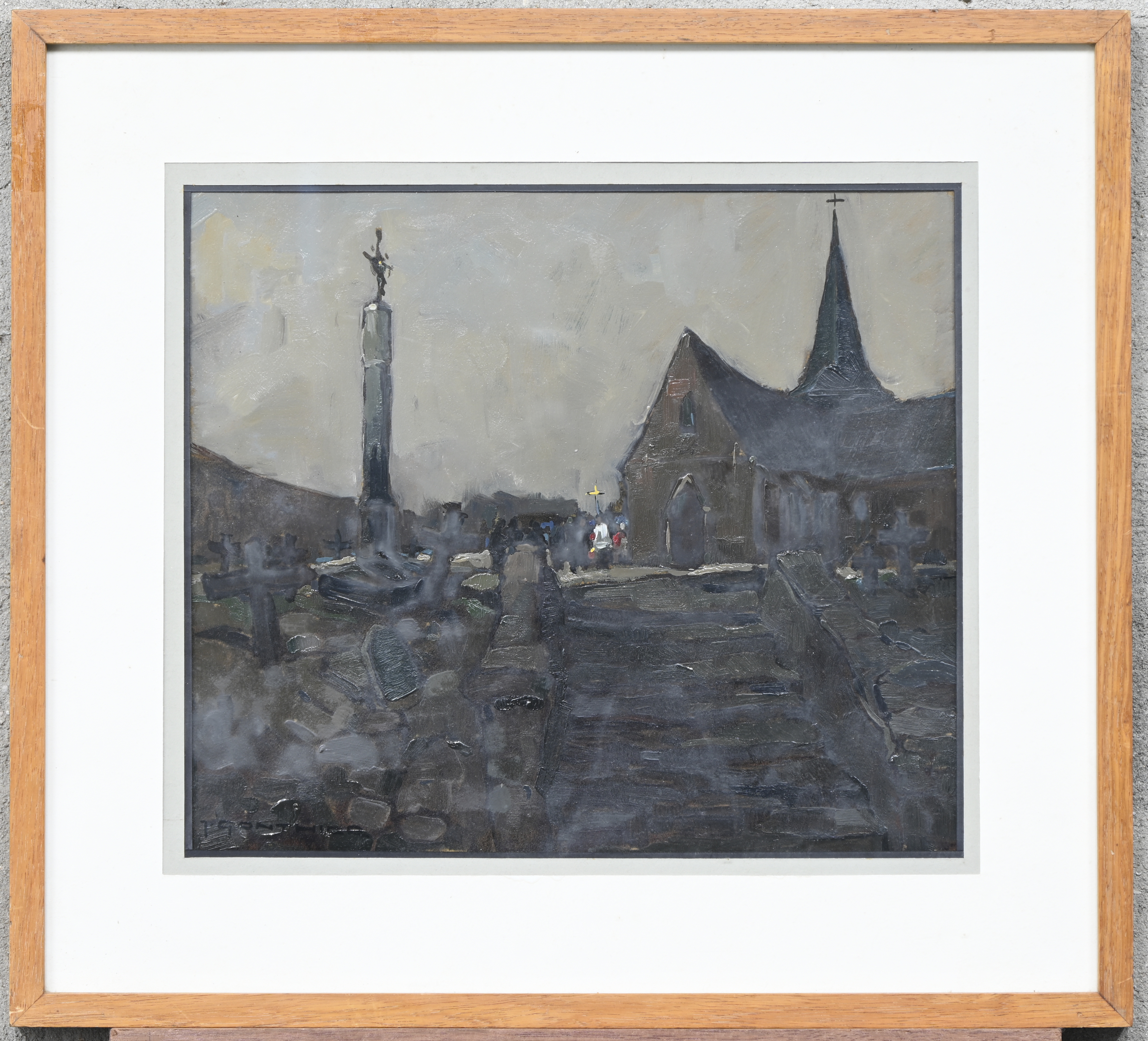 ‘Landschap met kerk’, olieverf op karton. Getekend ‘Landschap met kerk’, olieverf op karton. Getekend.
