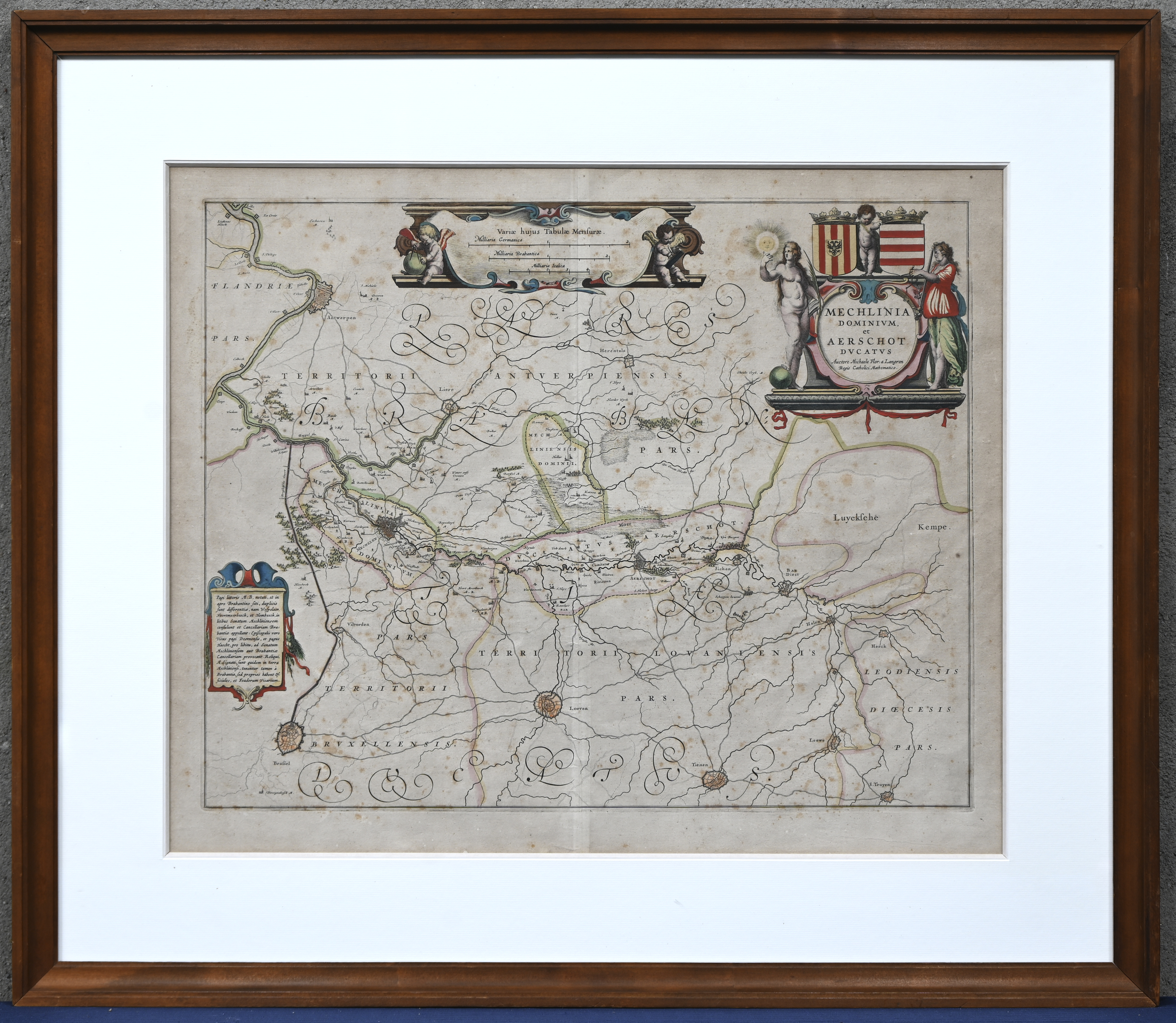 ‘Mechlinia Dominium et Aerschot’, een ingekleurde 17e eeuwse landkaart. Uitgegeven door Willem Janszoon Blaeu. Cartograaf; Michael Florent van Langren ‘Mechlinia Dominium et Aerschot’, een ingekleurde 17e eeuwse landkaart. Uitgegeven door Willem Janszoon Blaeu. Cartograaf; Michael Florent van Langren.