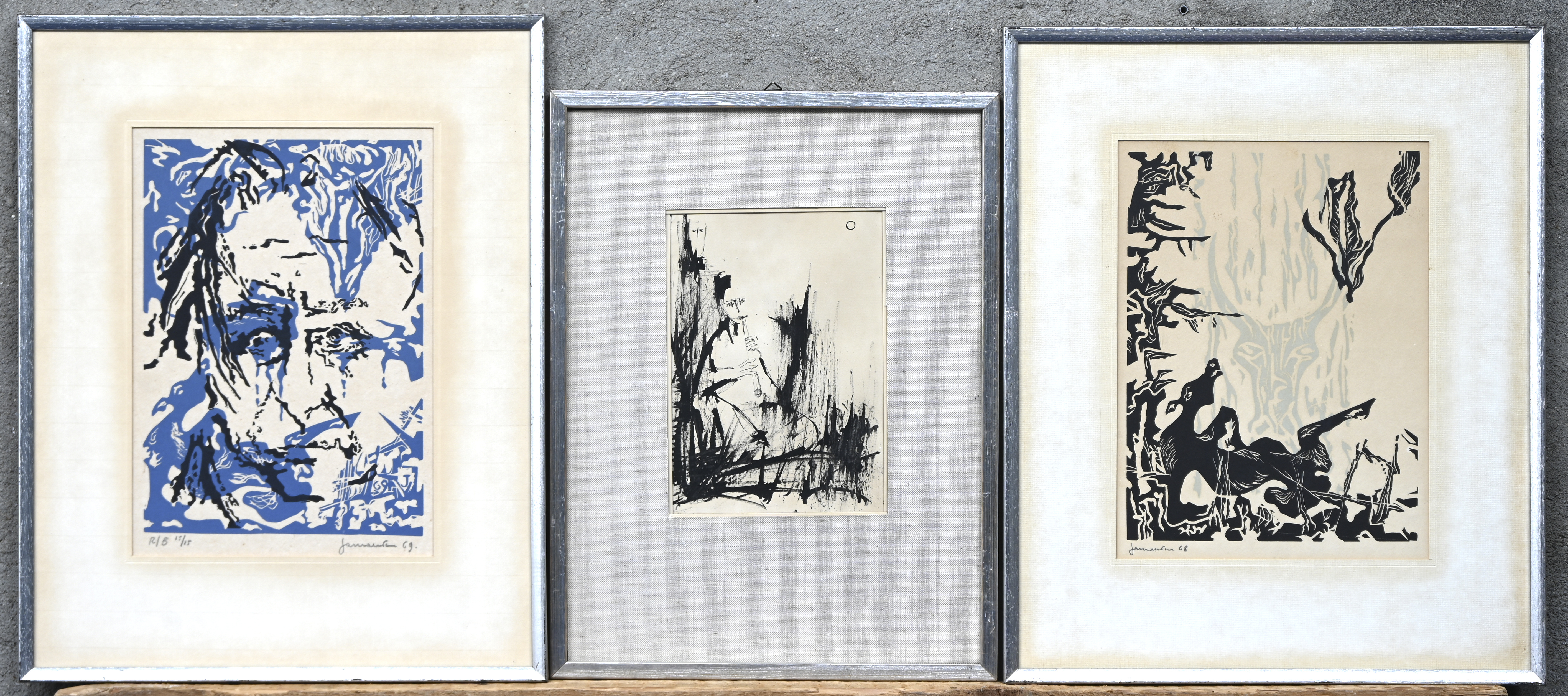 Twee linosneden (zwart met steunkleur) en een inkttekening door Jan Manten Twee linosneden (zwart met steunkleur) en een inkttekening door Jan Manten.