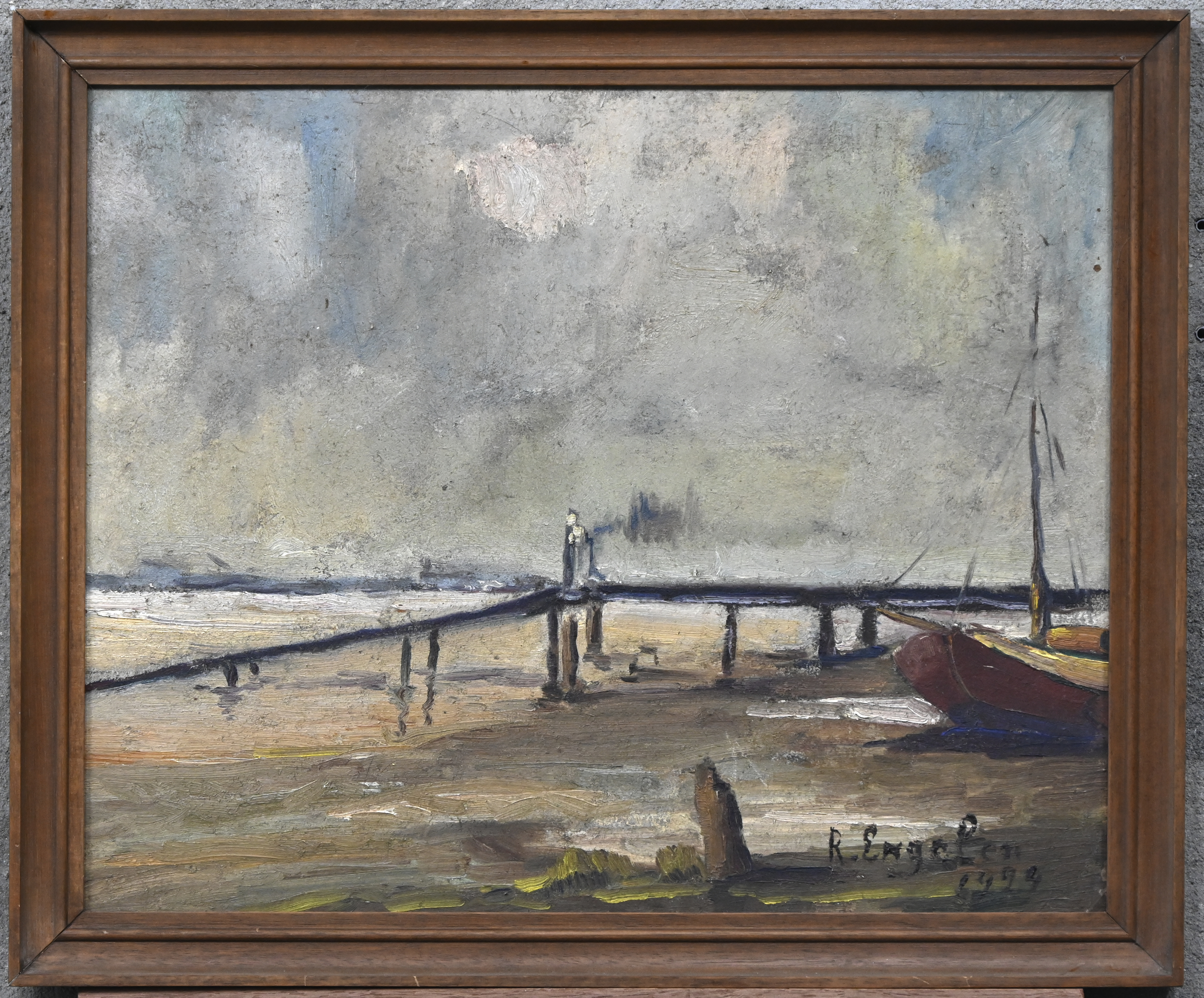 “Aan de stijger”, een schilderij, olieverf op board, gesigneerd R. Engelen en gedateerd 1924 “Aan de stijger”, een schilderij, olieverf op board, gesigneerd R. Engelen en gedateerd 1924.