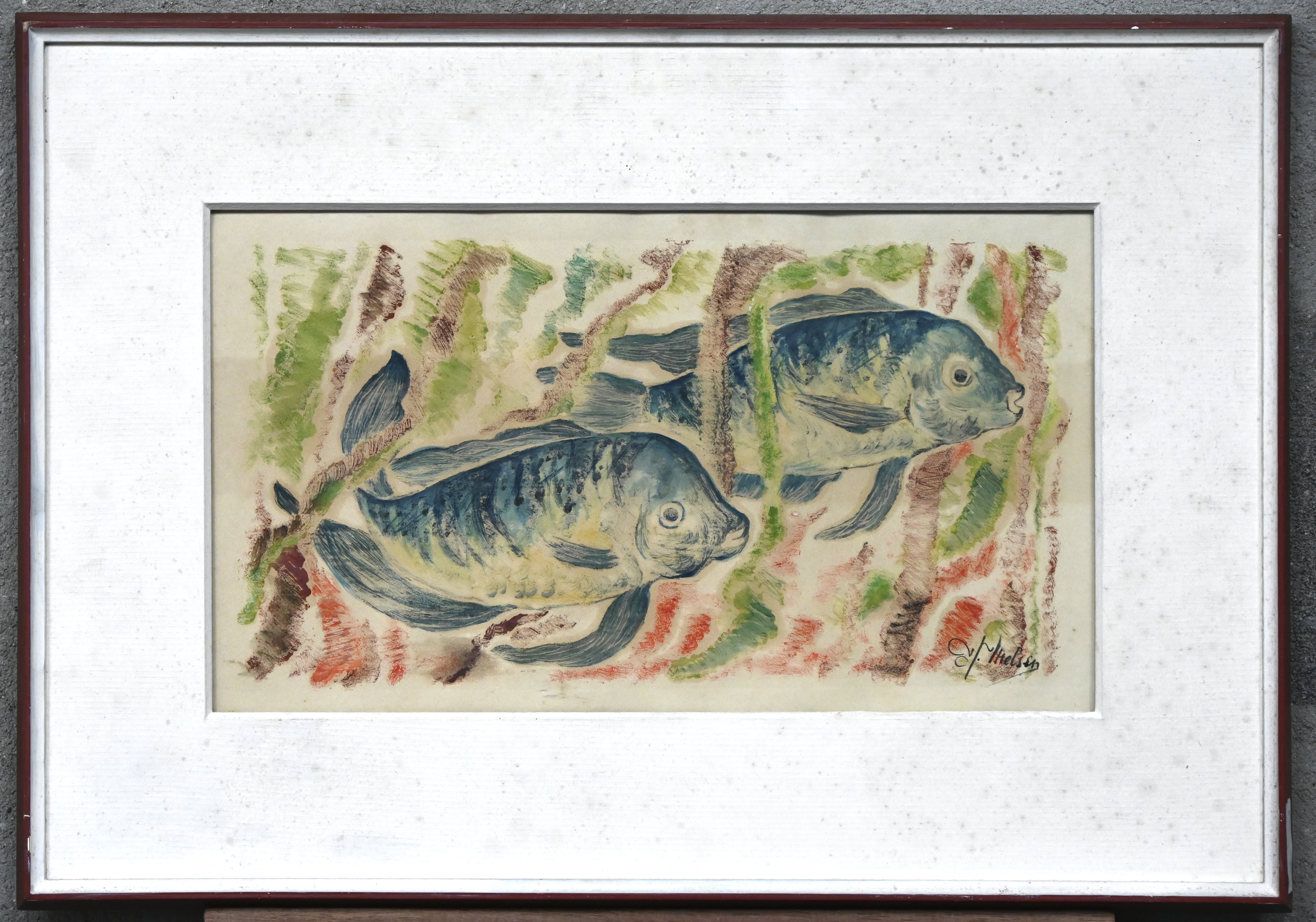 ‘Vissen’, gemengde techniek op papier. Getekend ‘J. Melsen’ ‘Vissen’, gemengde techniek op papier. Getekend ‘J. Melsen’.