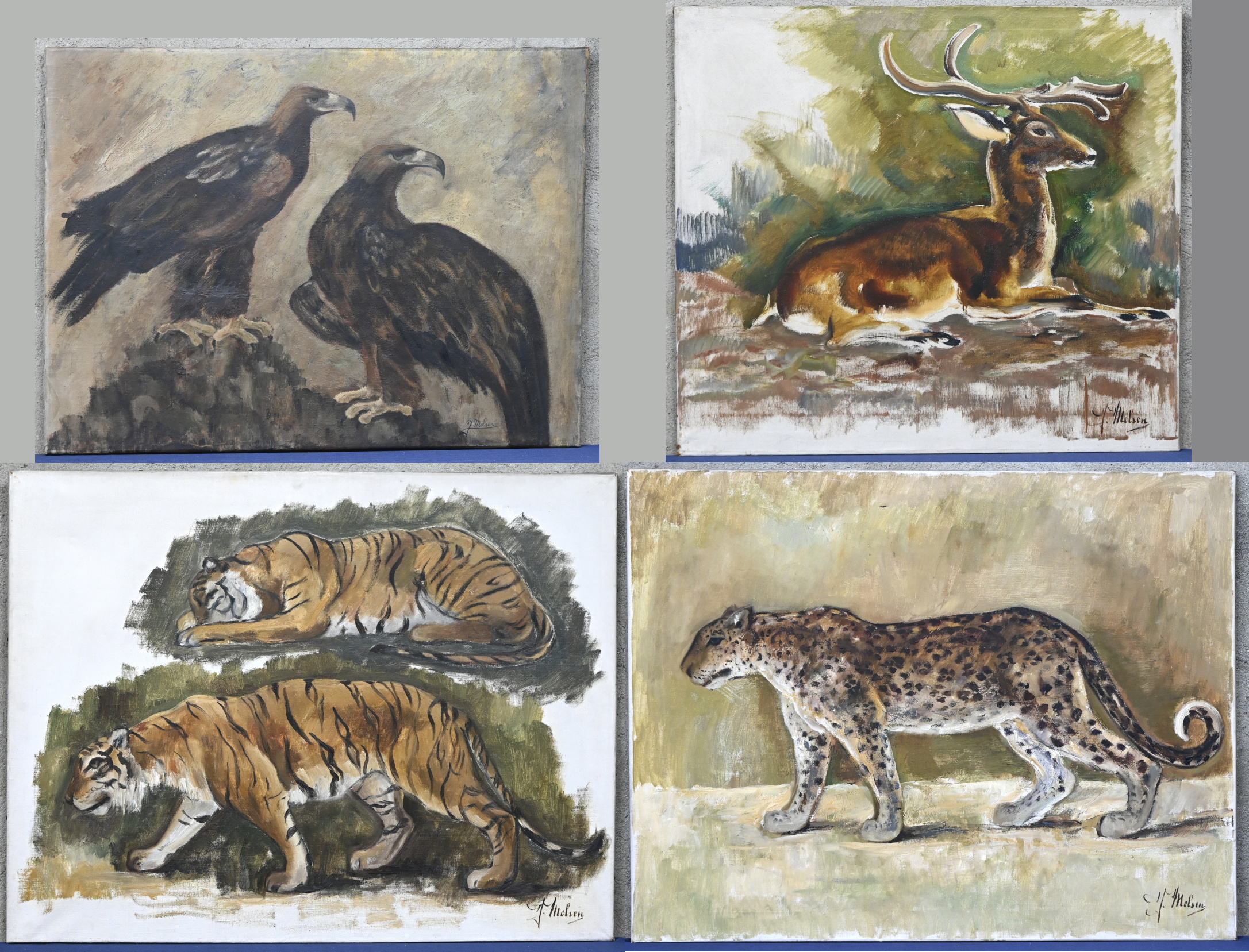 ‘Twee tijgers’, ‘een hert’, ‘een jachtluipaard’ en ‘twee arenden’. Vier schilderijen met wilde dieren als onderwerp, olieverf op doek. Getekend ‘J. Melsen’ ‘Twee tijgers’, ‘een hert’, ‘een jachtluipaard’ en ‘twee arenden’. Vier schilderijen met wilde dieren als onderwerp, olieverf op doek. Getekend ‘J. Melsen’.