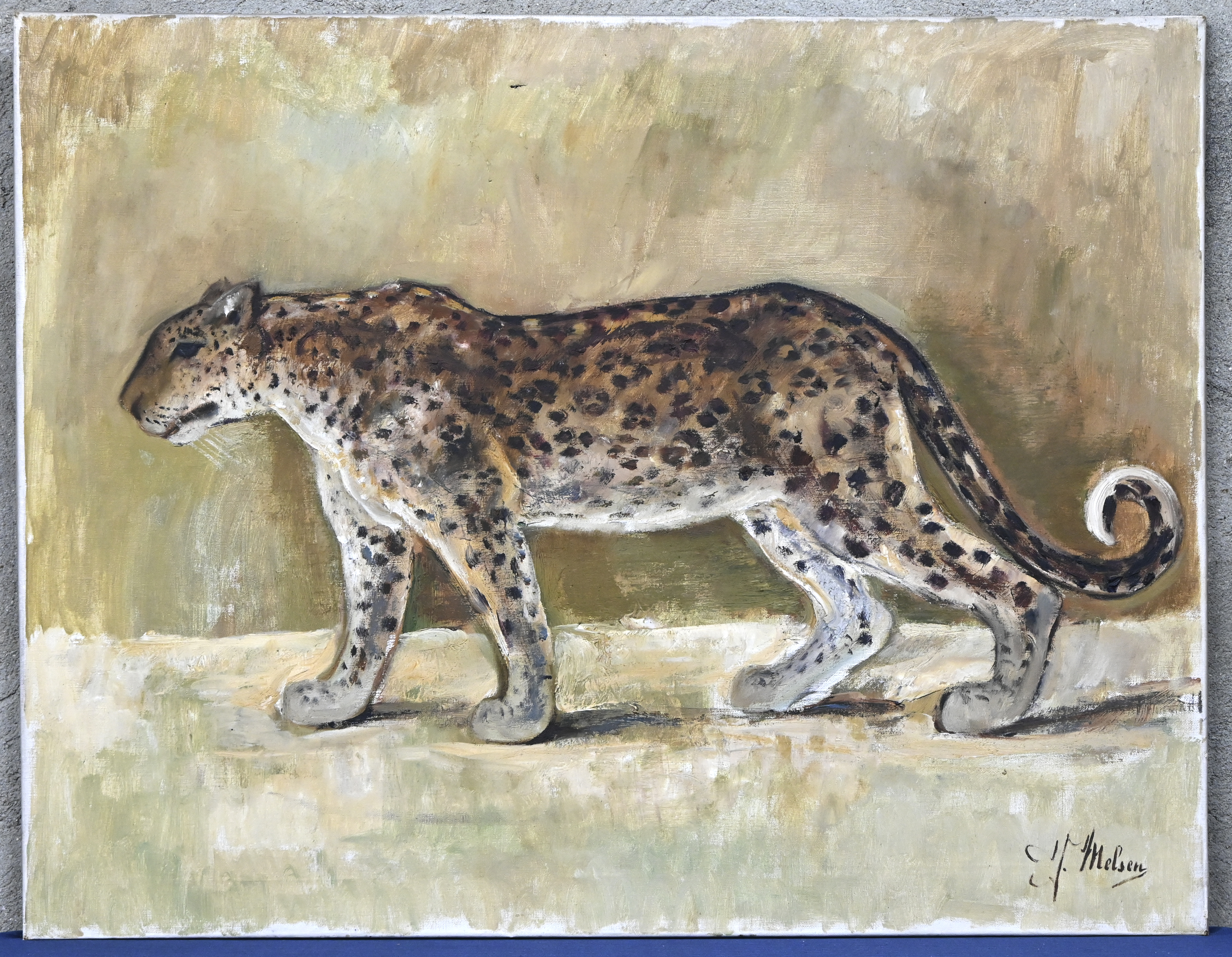 ‘Twee tijgers’, ‘een hert’, ‘een jachtluipaard’ en ‘twee arenden’. Vier schilderijen met wilde dieren als onderwerp, olieverf op doek. Getekend ‘J. Melsen’ ‘Twee tijgers’, ‘een hert’, ‘een jachtluipaard’ en ‘twee arenden’. Vier schilderijen met wilde dieren als onderwerp, olieverf op doek. Getekend ‘J. Melsen’.