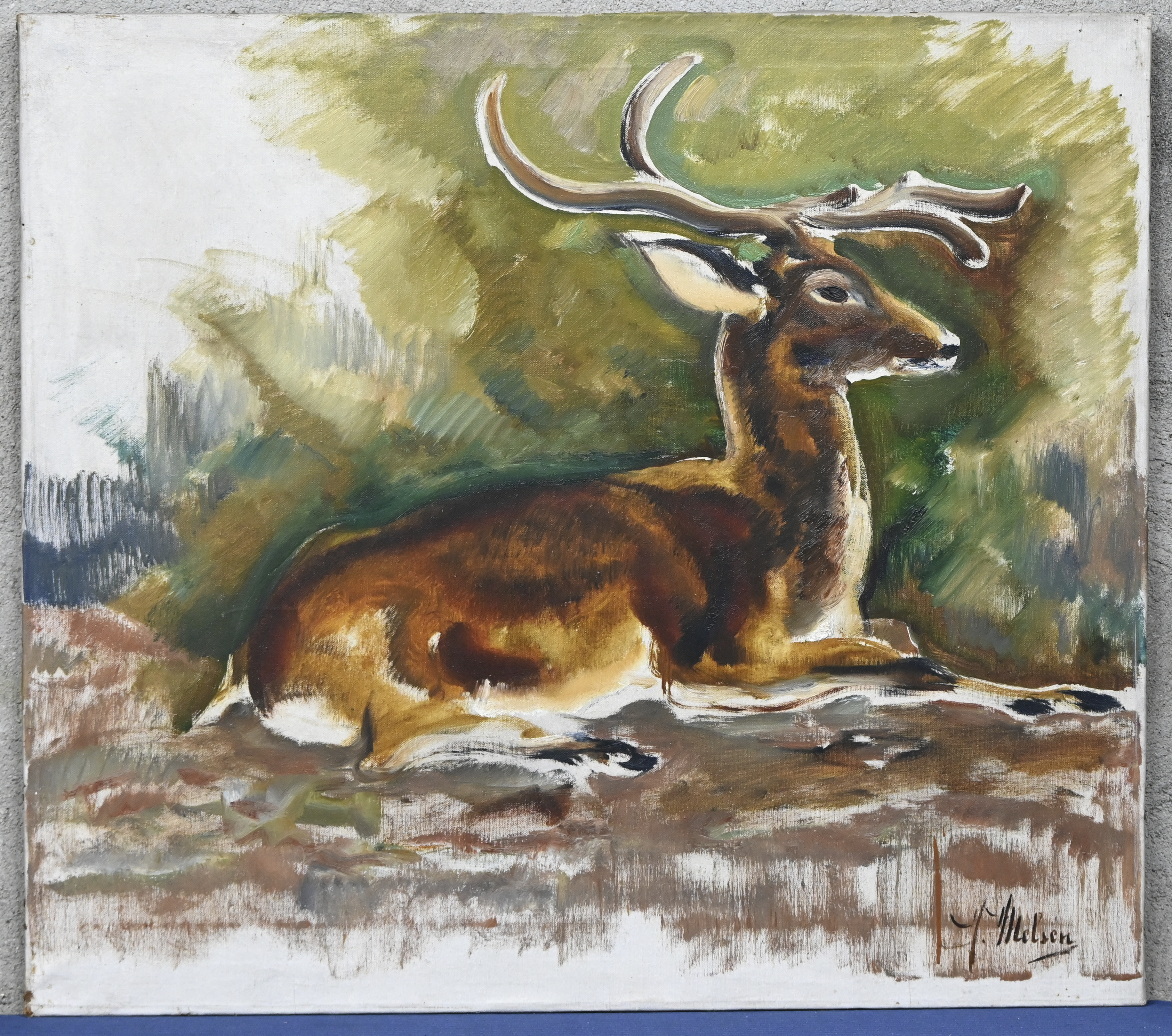 ‘Twee tijgers’, ‘een hert’, ‘een jachtluipaard’ en ‘twee arenden’. Vier schilderijen met wilde dieren als onderwerp, olieverf op doek. Getekend ‘J. Melsen’ ‘Twee tijgers’, ‘een hert’, ‘een jachtluipaard’ en ‘twee arenden’. Vier schilderijen met wilde dieren als onderwerp, olieverf op doek. Getekend ‘J. Melsen’.