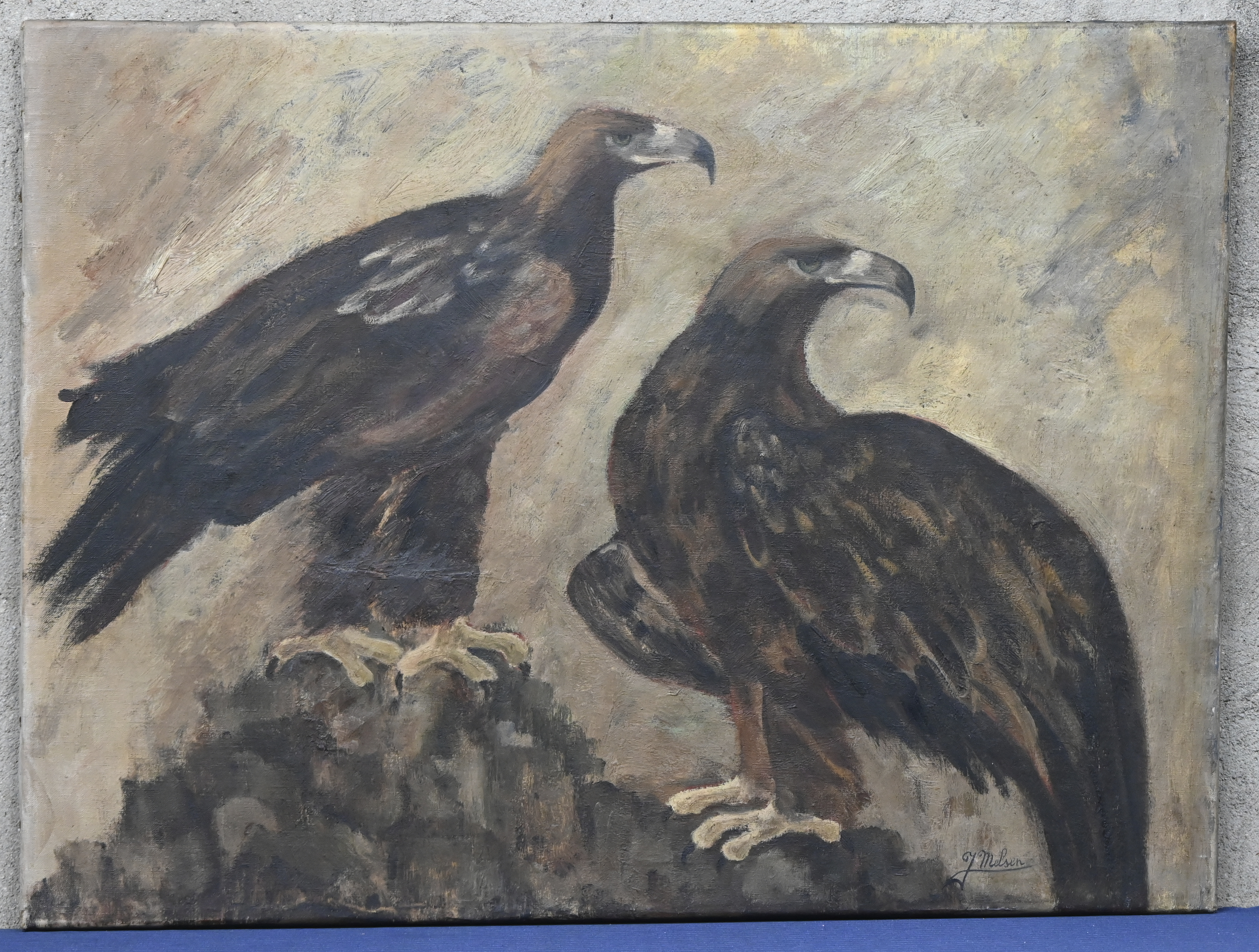 ‘Twee tijgers’, ‘een hert’, ‘een jachtluipaard’ en ‘twee arenden’. Vier schilderijen met wilde dieren als onderwerp, olieverf op doek. Getekend ‘J. Melsen’ ‘Twee tijgers’, ‘een hert’, ‘een jachtluipaard’ en ‘twee arenden’. Vier schilderijen met wilde dieren als onderwerp, olieverf op doek. Getekend ‘J. Melsen’.