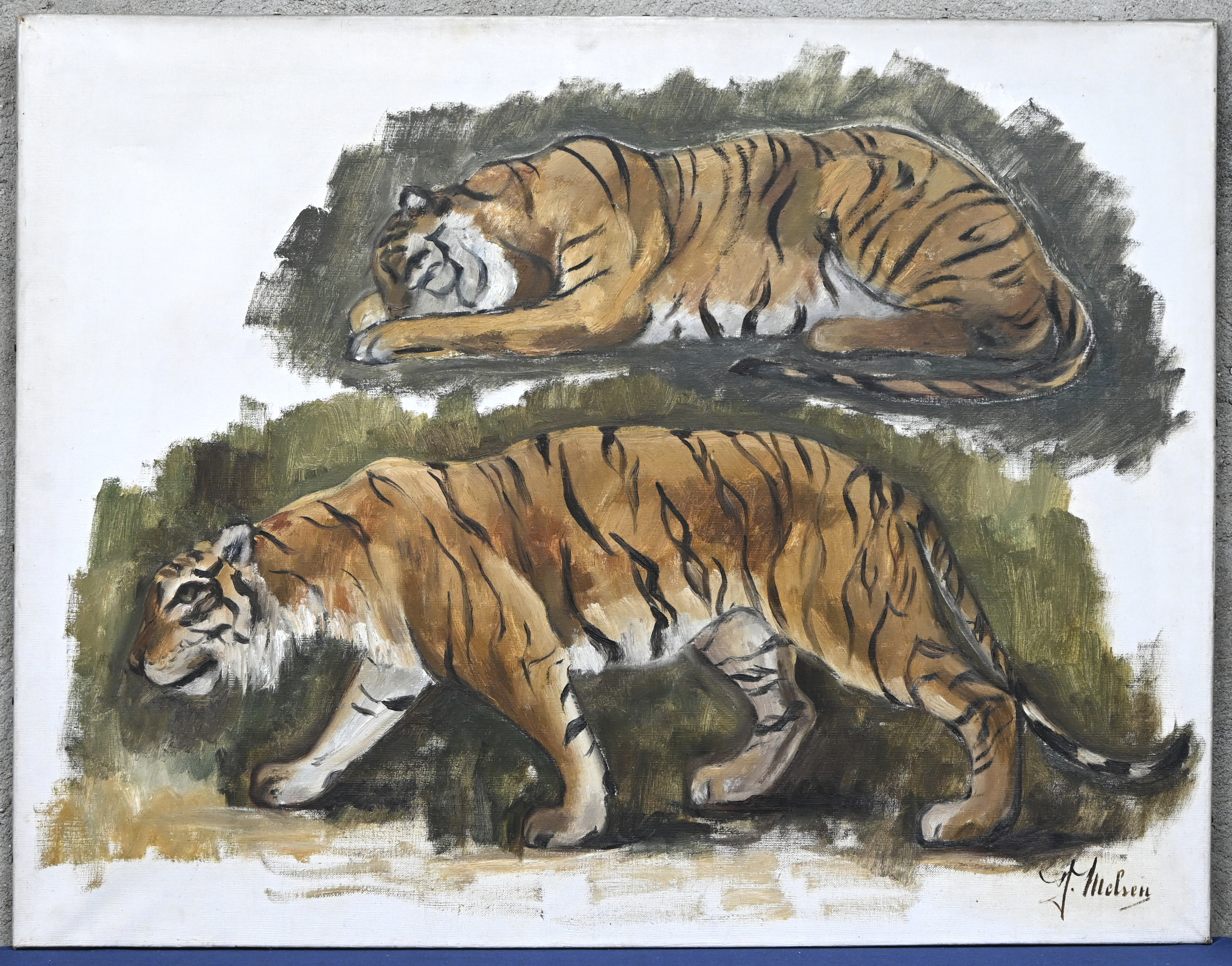 ‘Twee tijgers’, ‘een hert’, ‘een jachtluipaard’ en ‘twee arenden’. Vier schilderijen met wilde dieren als onderwerp, olieverf op doek. Getekend ‘J. Melsen’ ‘Twee tijgers’, ‘een hert’, ‘een jachtluipaard’ en ‘twee arenden’. Vier schilderijen met wilde dieren als onderwerp, olieverf op doek. Getekend ‘J. Melsen’.