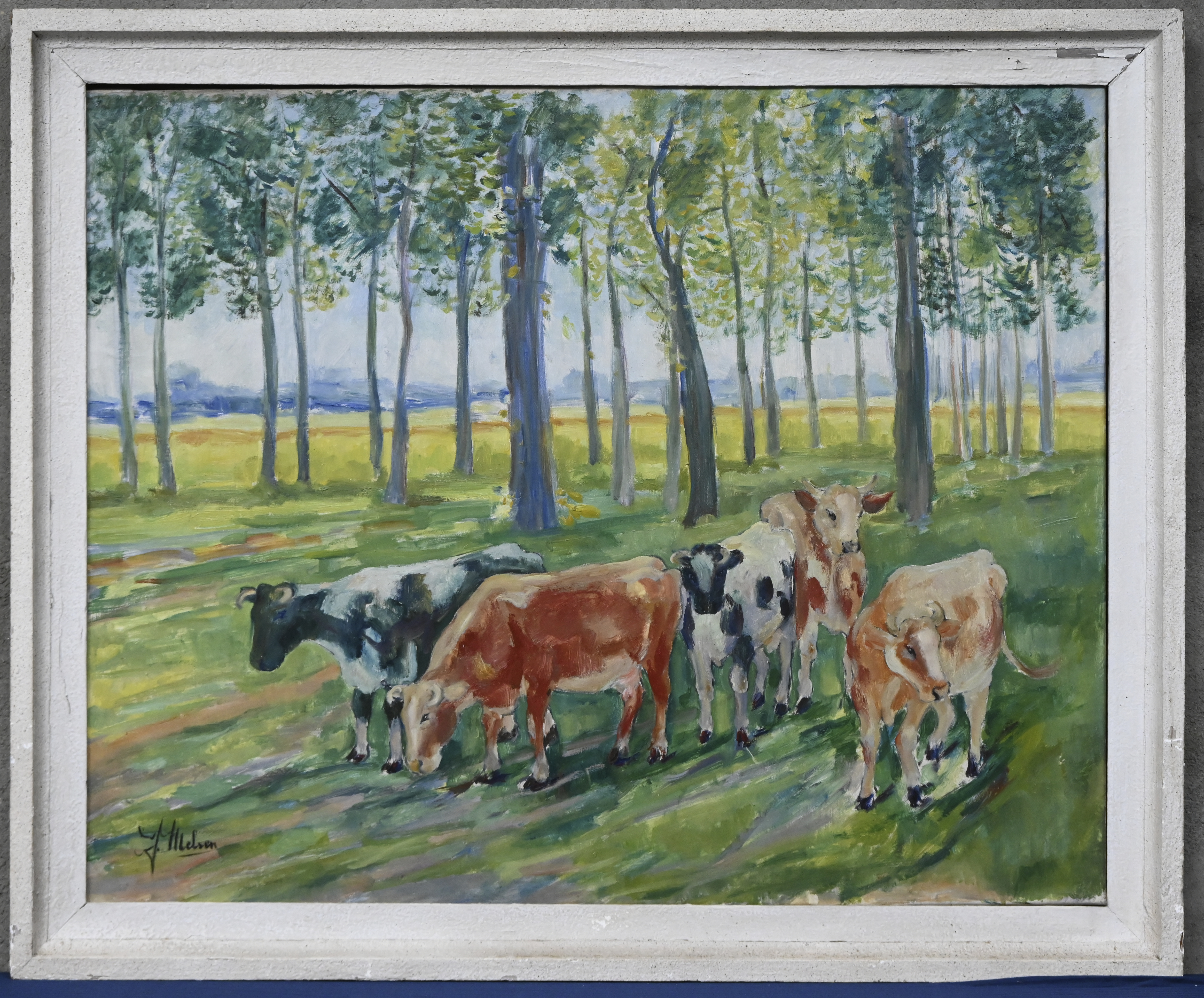 ‘Grazende koeien’, olieverf op doek. Getekend J. Melsen ‘Grazende koeien’, olieverf op doek. Getekend J. Melsen.
