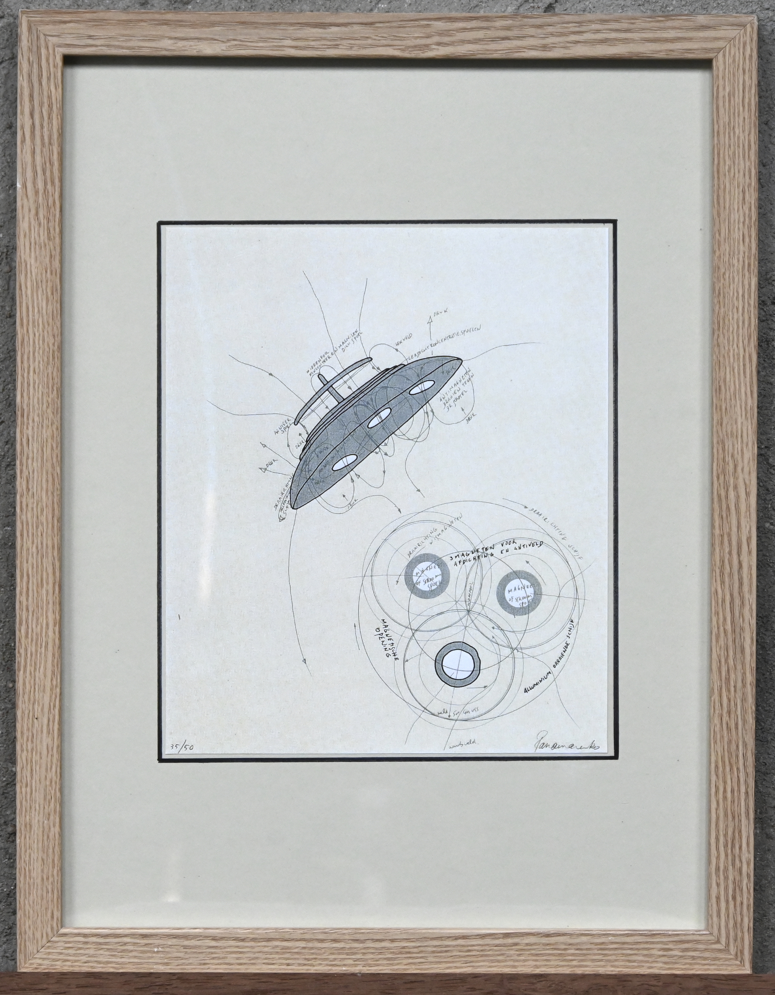 ‘Vliegende schotel’, een ingekaderde offset print naar het werk van Panamarenko ‘Vliegende schotel’, een ingekaderde offset print naar het werk van Panamarenko.