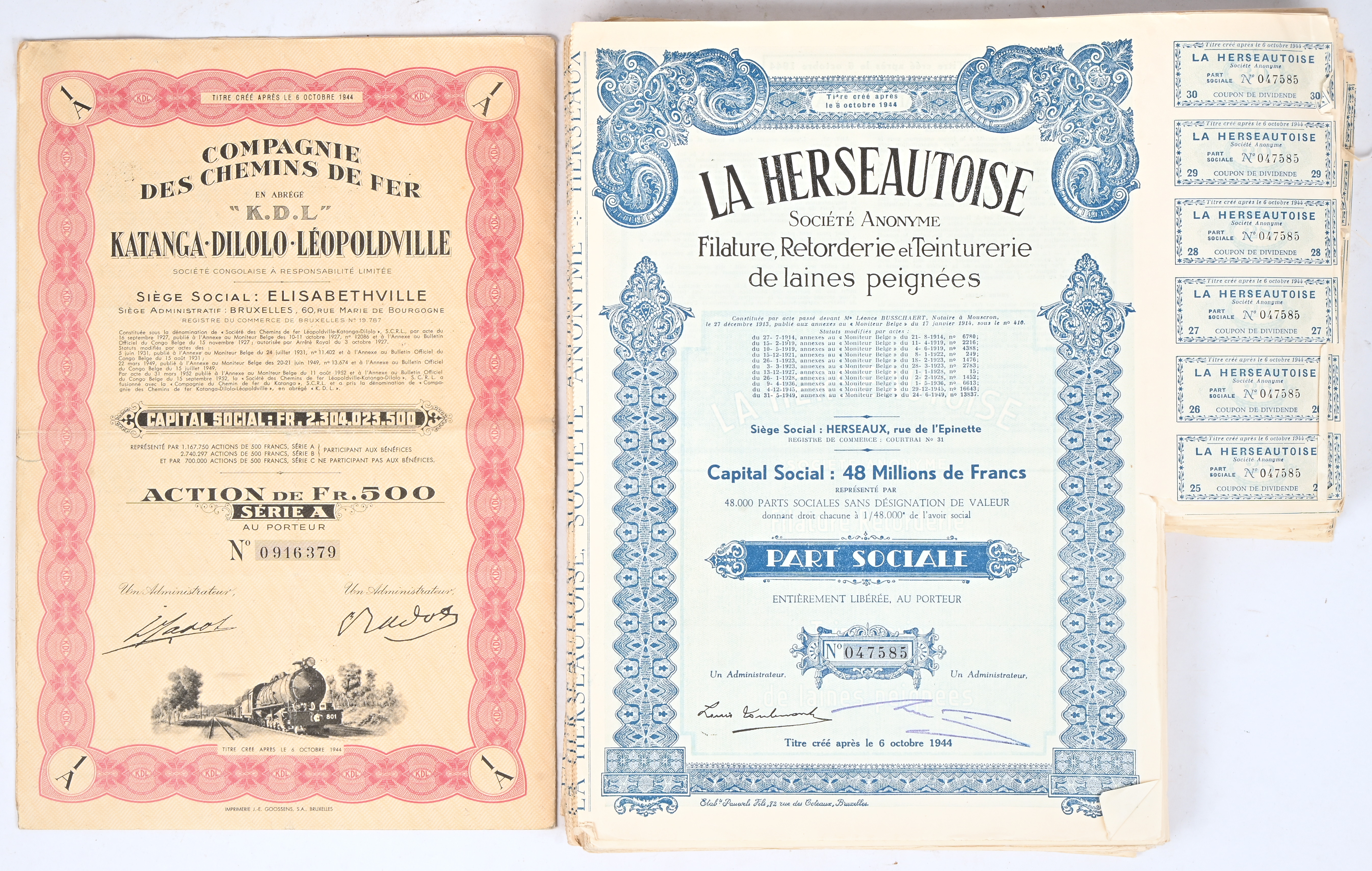 Een lotje waardepapieren. ‘Compagnie des chemins de fer’ en ‘La Herseautoise’ Een lotje waardepapieren. ‘Compagnie des chemins de fer’ en ‘La Herseautoise’.