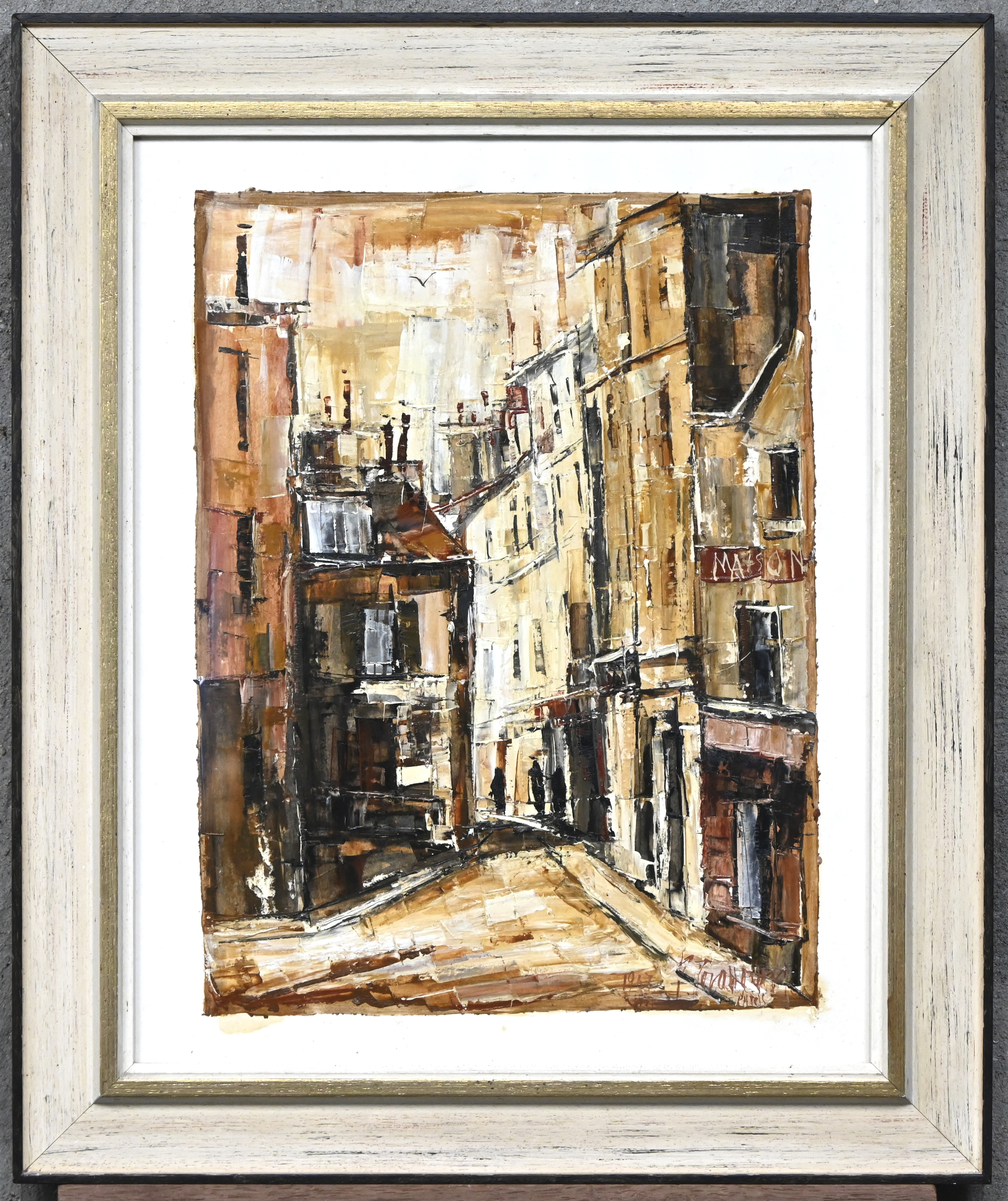 ‘Straatbeeld in Parijs’, een olieverfstudie op papier, met het mes gezet. Onleesbaar getekend ‘Straatbeeld in Parijs’, een olieverfstudie op papier, met het mes gezet. Onleesbaar getekend.