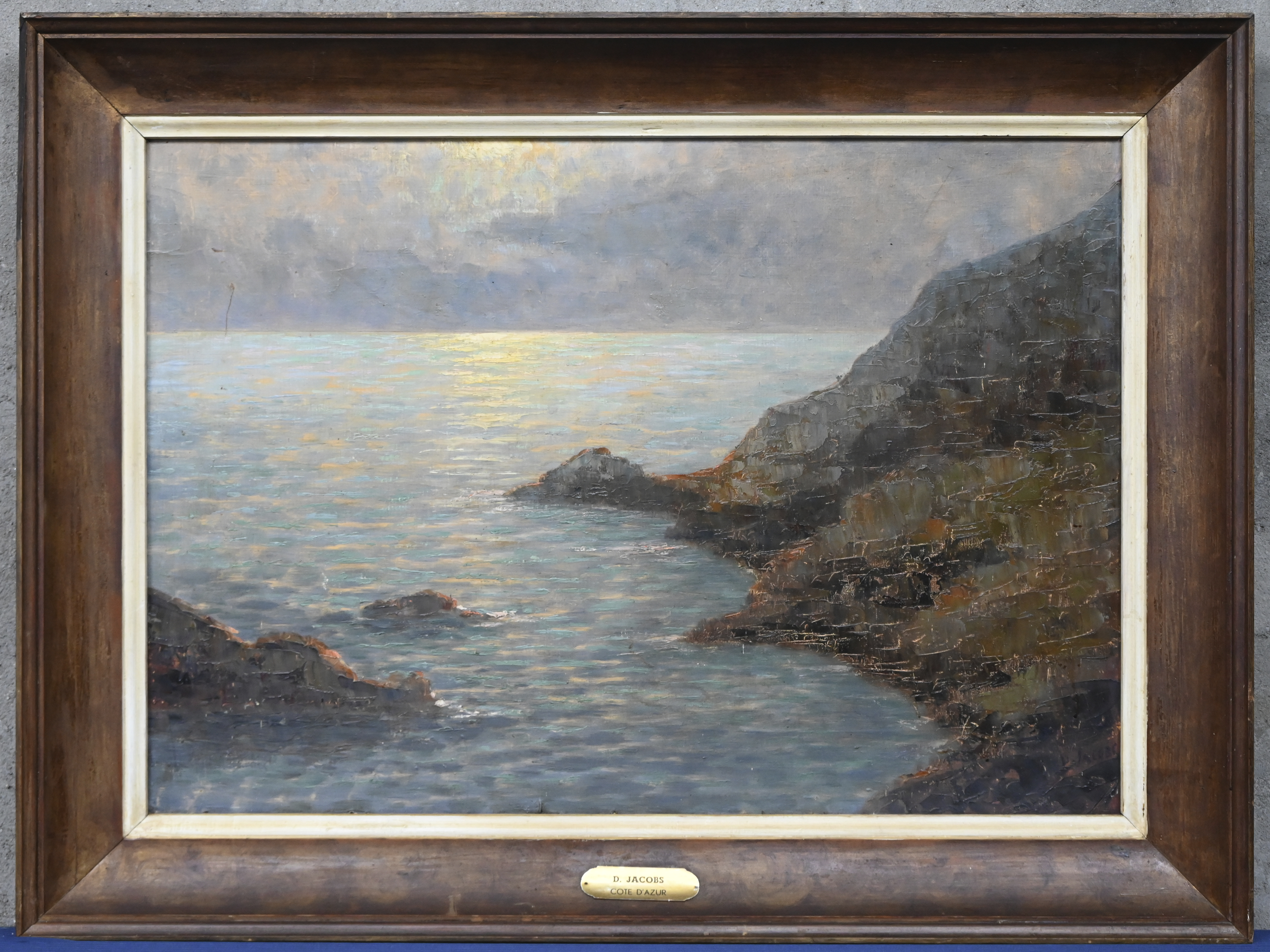 ‘Cote d’Azur’, olieverf op paneel. Getekend D. Jacobs. Kleine krasschade ‘Cote d’Azur’, olieverf op paneel. Getekend D. Jacobs. Kleine krasschade.